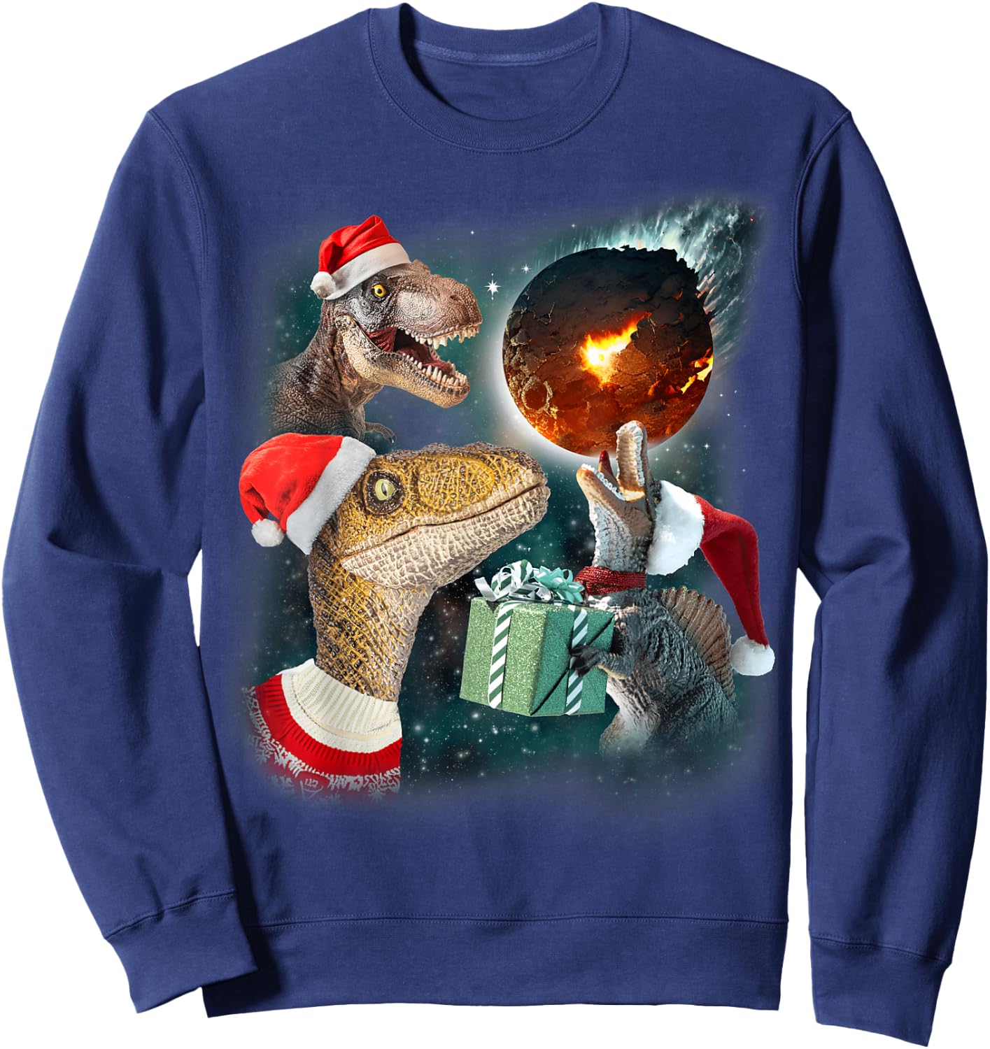 Three Rex Moon | 3 Dinos Howling Weird Cursed Christmas Meme Sweatshirt - Sweatshirt | Navy