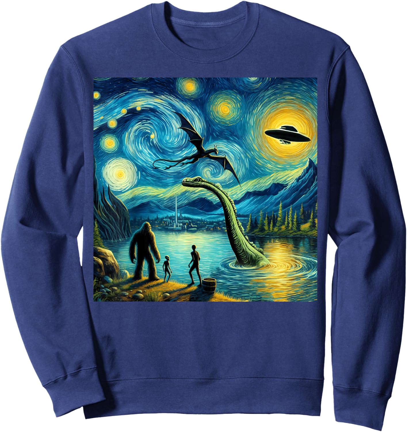 bigfoot starry night loch Ness alien UFO dragon cute lake Sweatshirt - Sweatshirt | Navy
