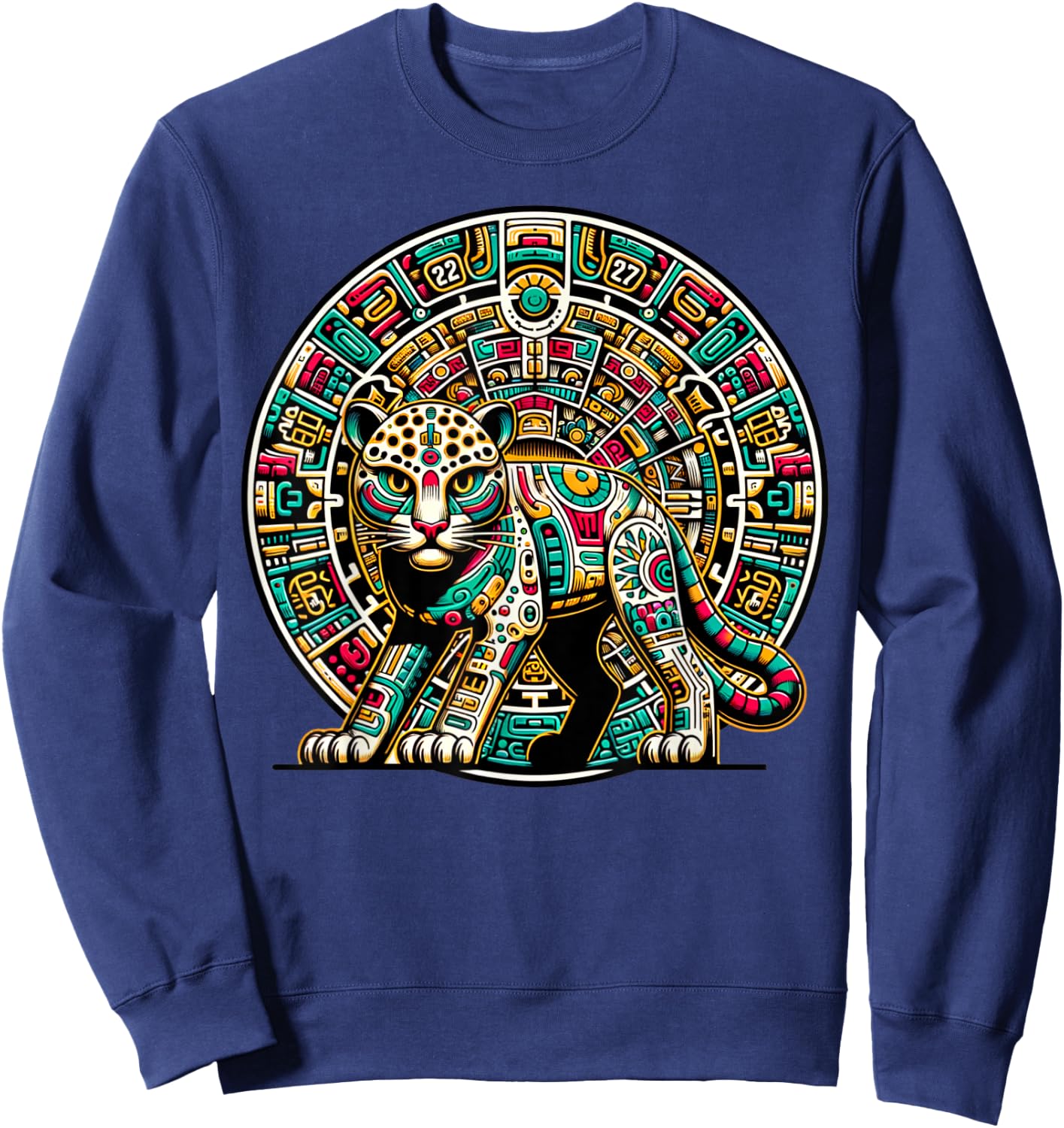 Aztec God Tezcatlipoca And Leopard With The Mayan Calendar Sweatshirt - Sweatshirt | Navy