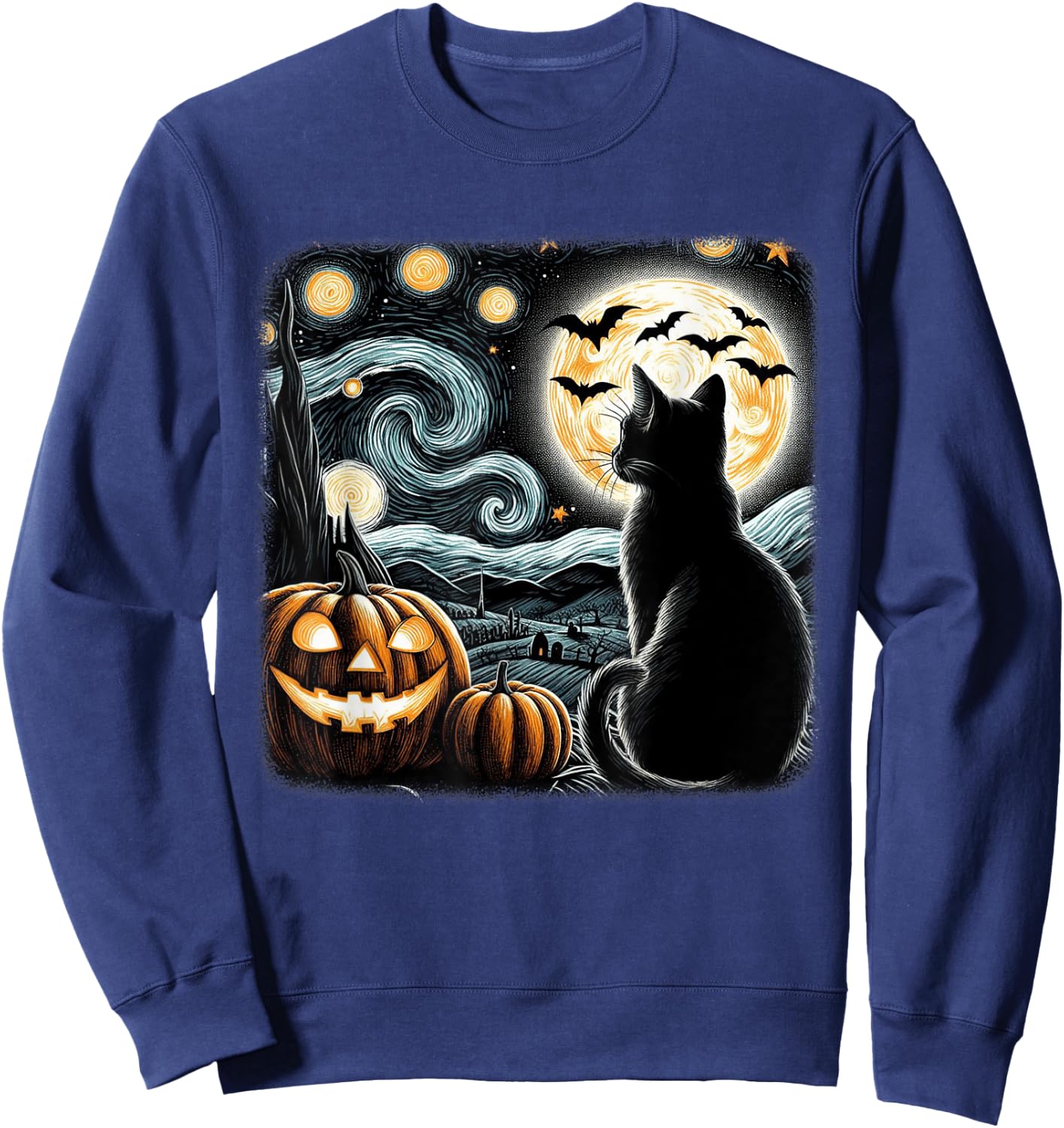 Black Cat Halloween Cat Lover Starry Night Cat Van Gogh Cat Women Kids Sweatshirt - Sweatshirt | Navy