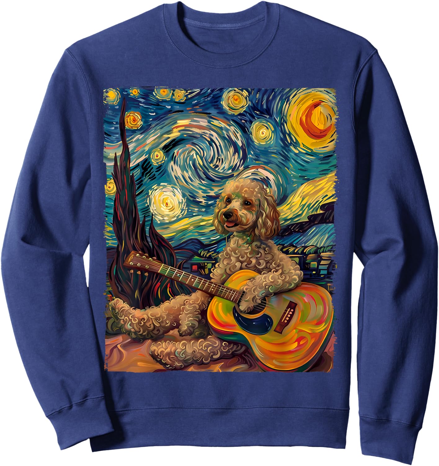 Starry Night POODLE Dog Playing The Guitar, Dog Painting Fun Sweatshirt - Sweatshirt | Navy