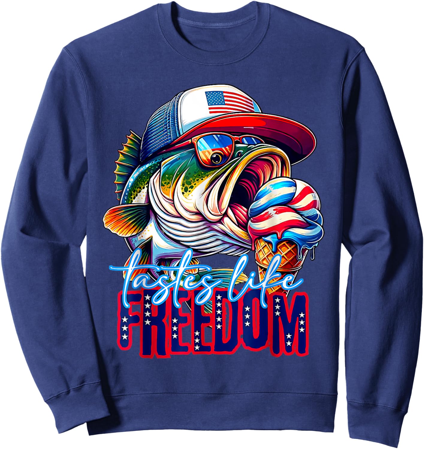Tastes Like Freedom 4th of July Ice Cream Bass Fishing Sweatshirt - Sweatshirt | Navy