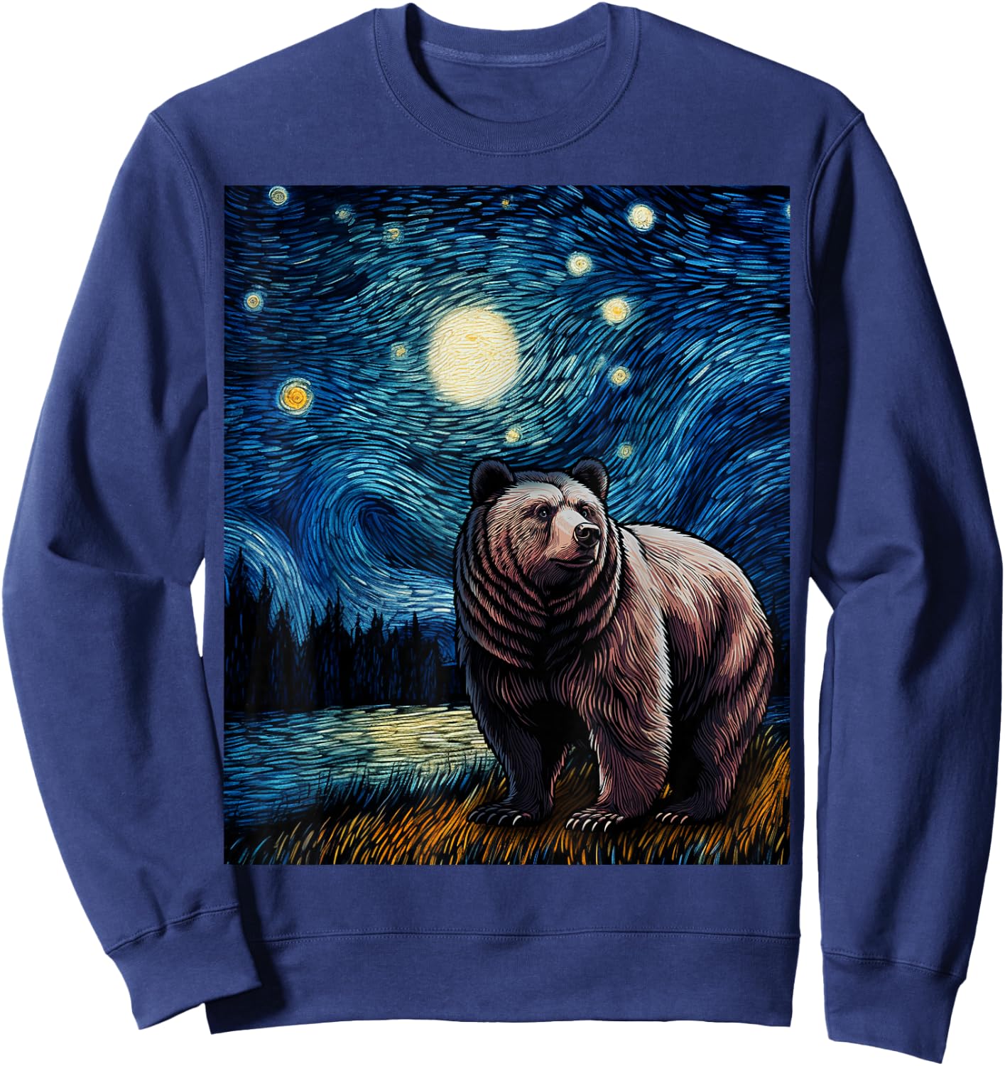 Graphic Grizzly Bear Van Gogh Starry Night Grizzlies Animal Sweatshirt - Sweatshirt | Navy