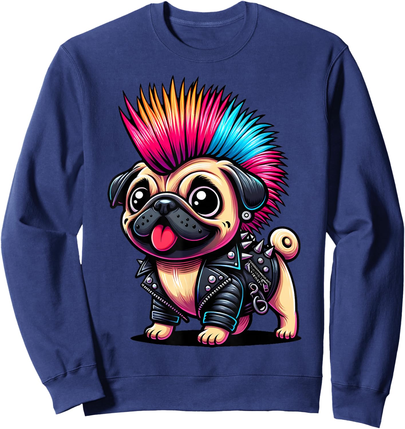 Funny Punk Pug, Rock'n Roll Goth Dog, Guitar Band Funny Sweatshirt - Sweatshirt | Navy
