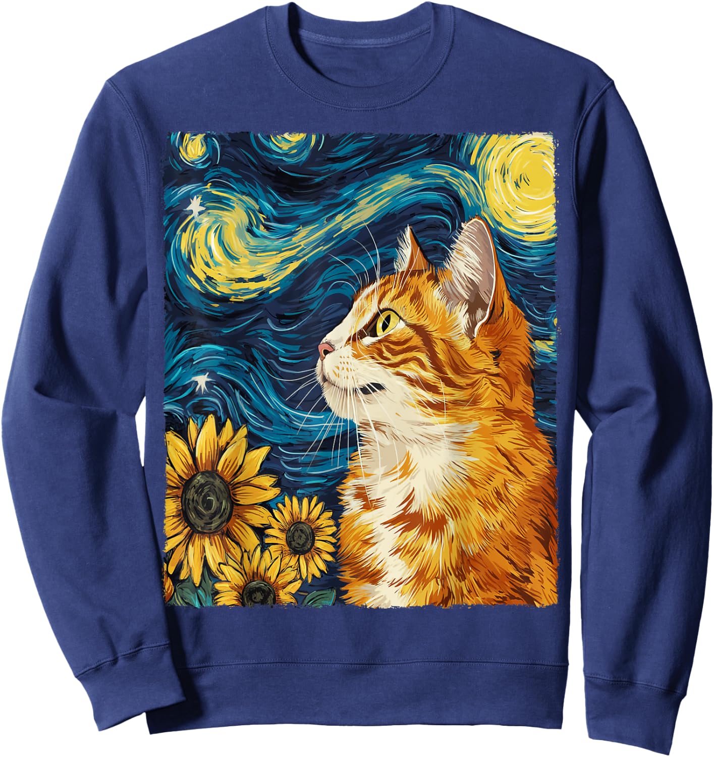 Cat Starry Night Apparel Gifts Graphic Cat Mom Cat Dad -Adults -Kids Black Small Round Collar Sunflower Graphic Modern Sweatshirt - Sweatshirt | Navy