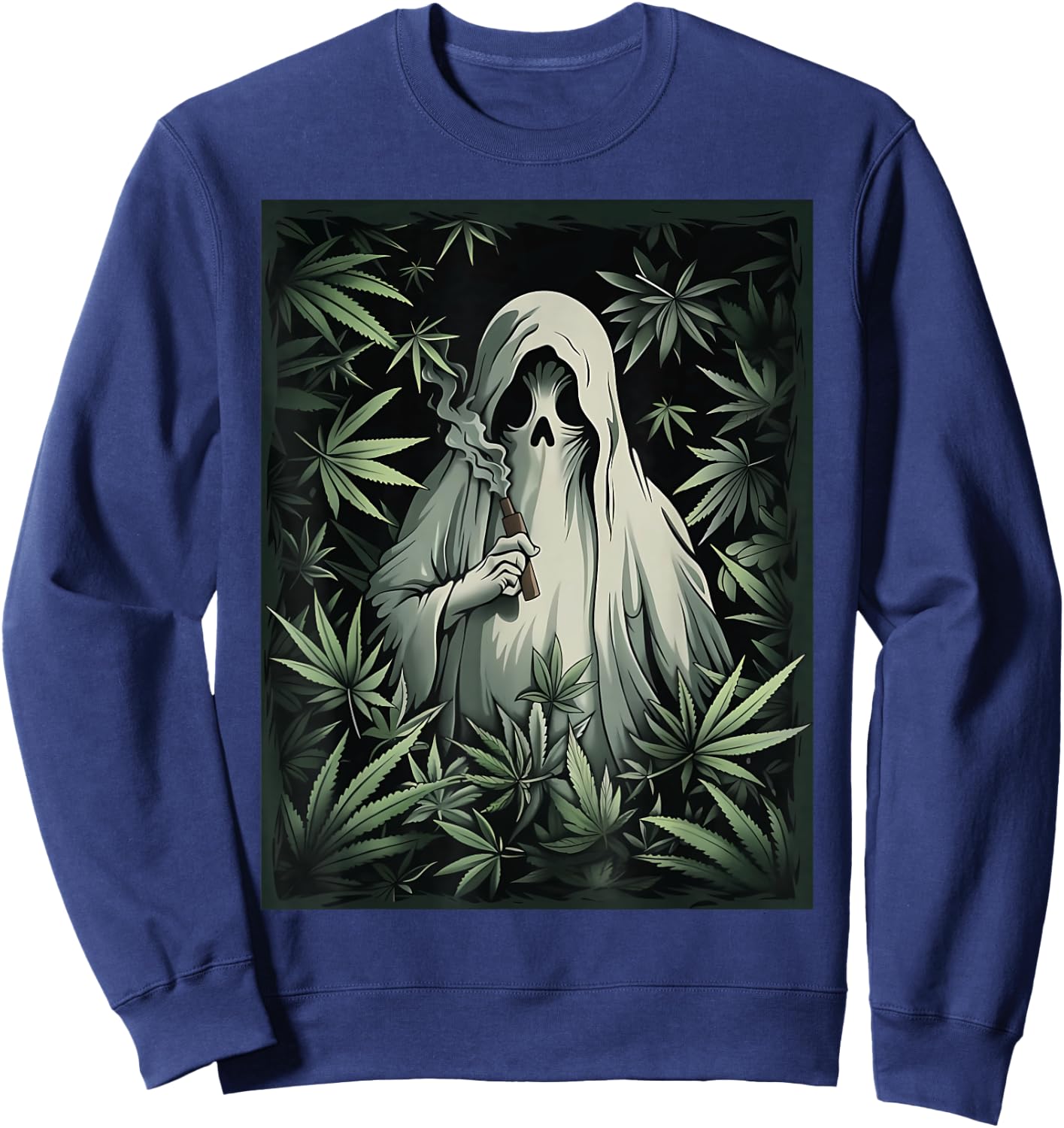 Halloween Ghost Smoking Weed 420 Stoner Cannabis Marijuana Sweatshirt - Sweatshirt | Navy