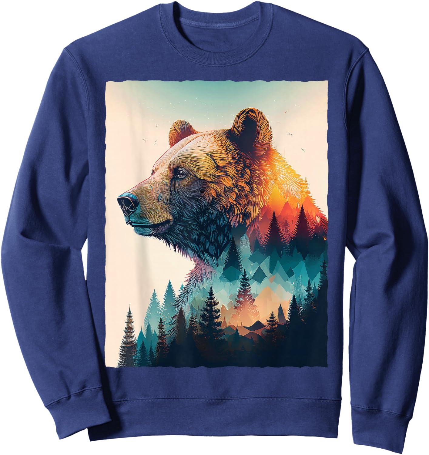 Grizzly Bear Forest Mountain Sunset Double Exposure Art Sweatshirt - Sweatshirt | Navy