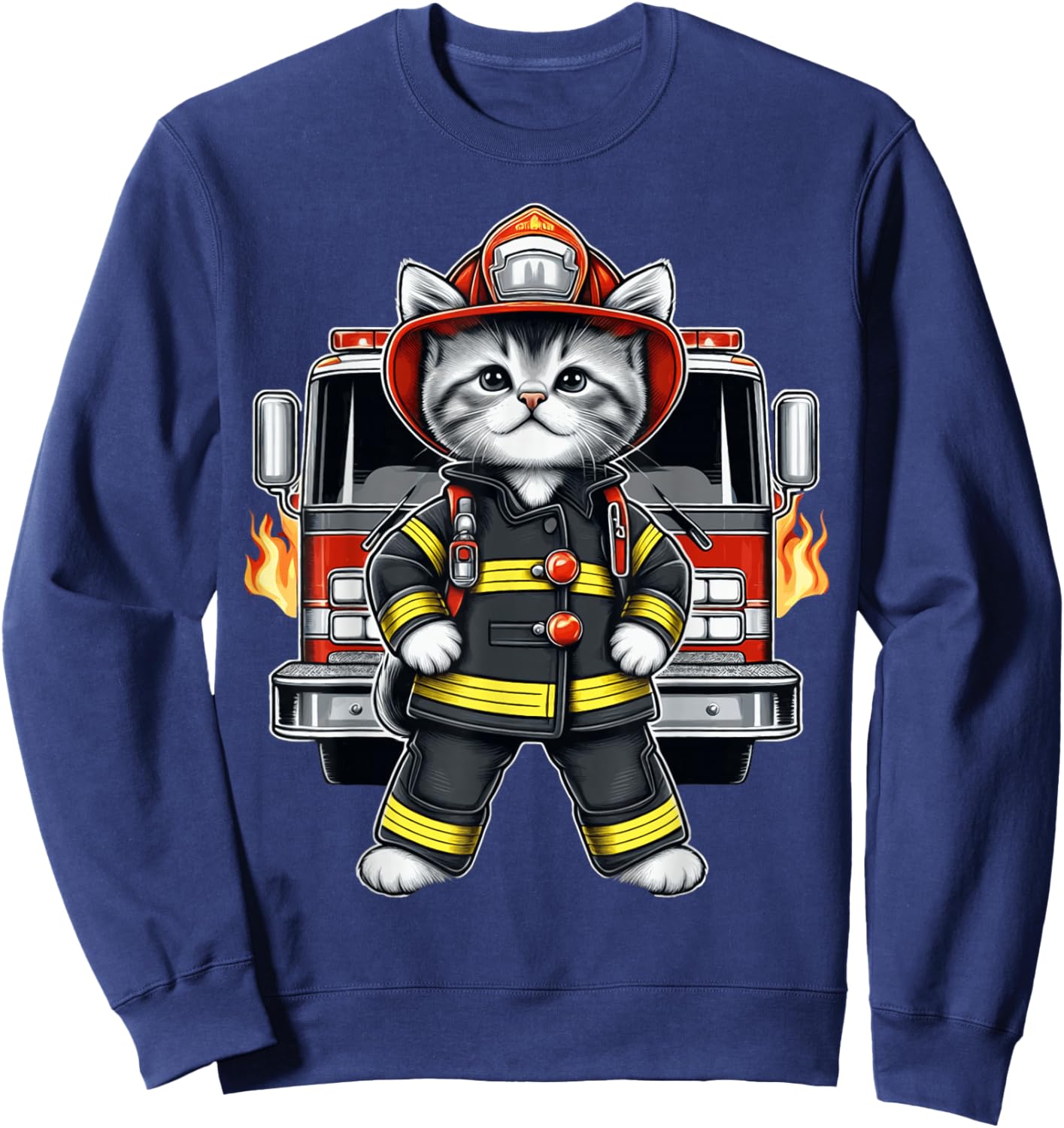 Brave Kitten Firefighter Cute Heroic Cat Adorable Firetruck Sweatshirt - Sweatshirt | Navy