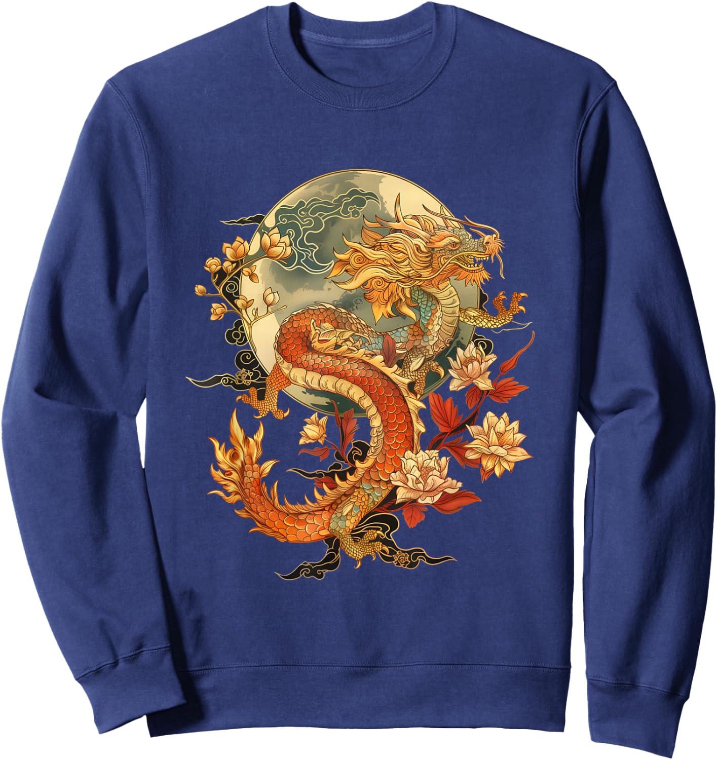 Crimson Lunar Floral Dragon Art Noveau Sweatshirt - Sweatshirt | Navy