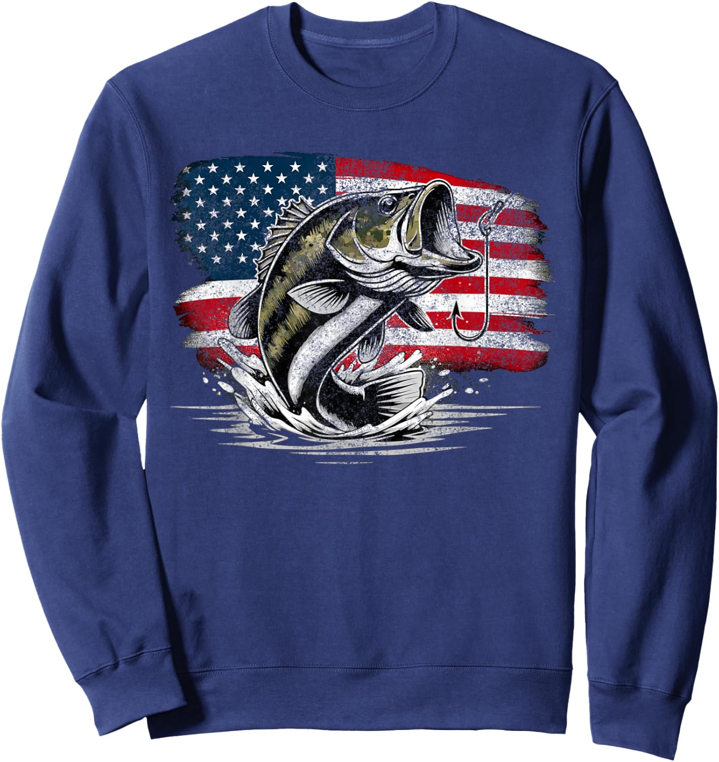 Fishing Retro US American Flag Bass Fish Fisherman Camo Sweatshirt - Sweatshirt | Navy