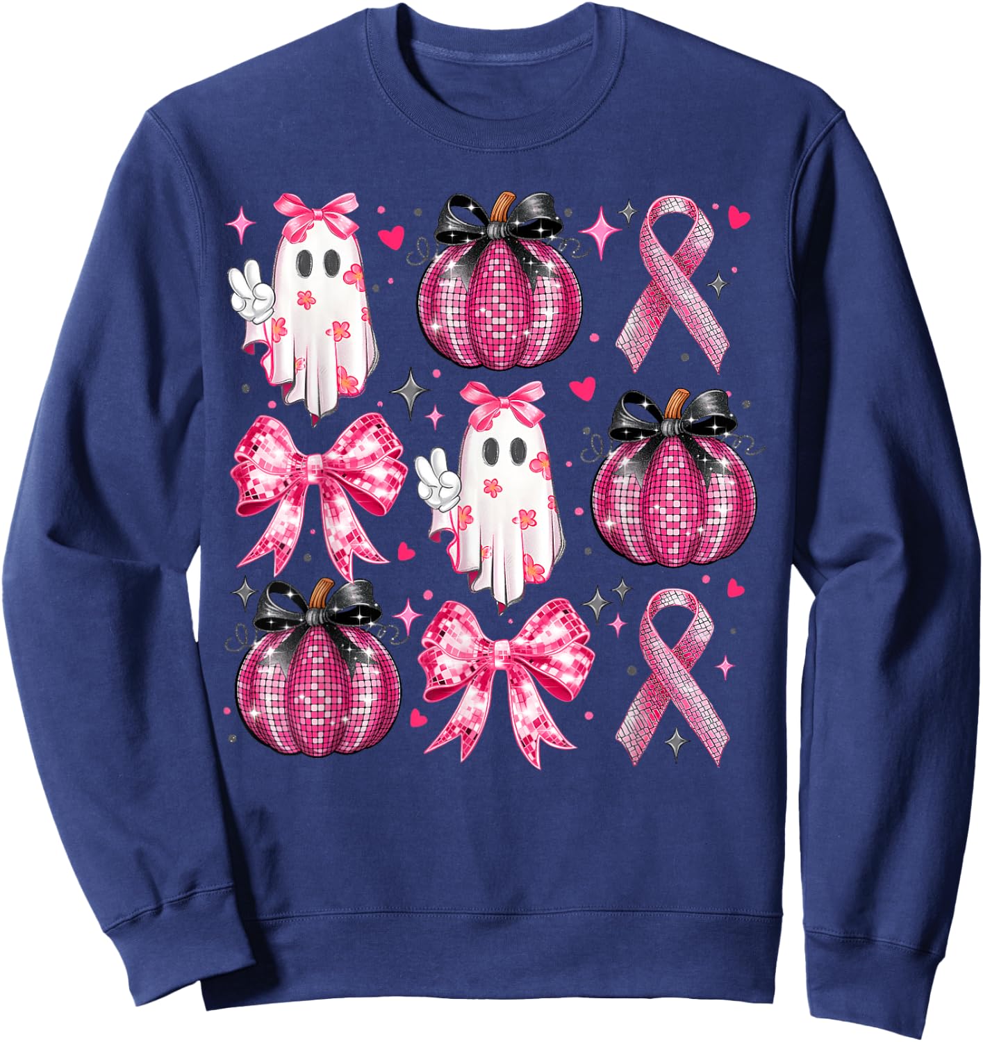 Halloween Pumpkin Pink Ribbon Disco Ghost Bow Breast Cancer Sweatshirt - Sweatshirt | Navy