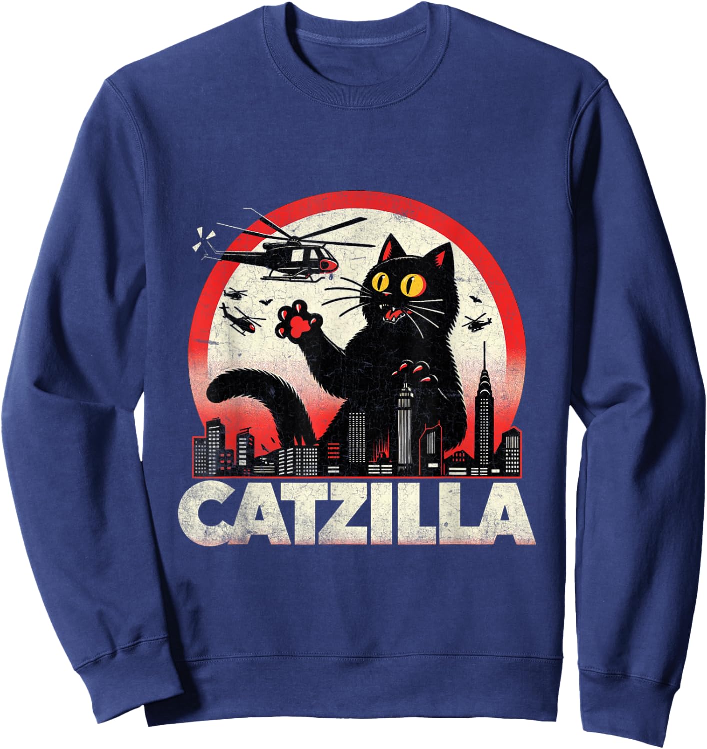 Retro Catzilla Cat Lovers Graphic Gifts Cat Mom Dad Catzilla Sweatshirt - Sweatshirt | Navy