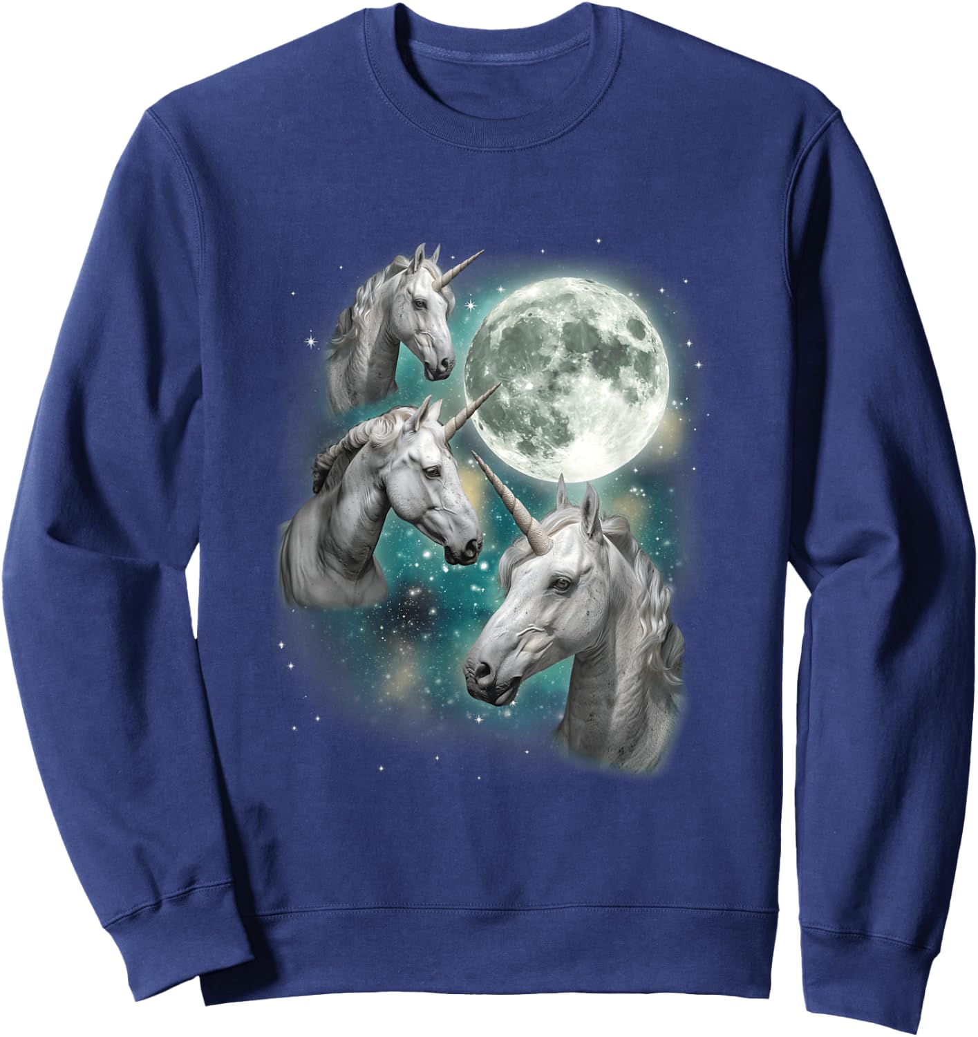 Three Unicorn Moon | 3 Magical Fantasy Mythic Horned Unicorn Sweatshirt - Sweatshirt | Navy