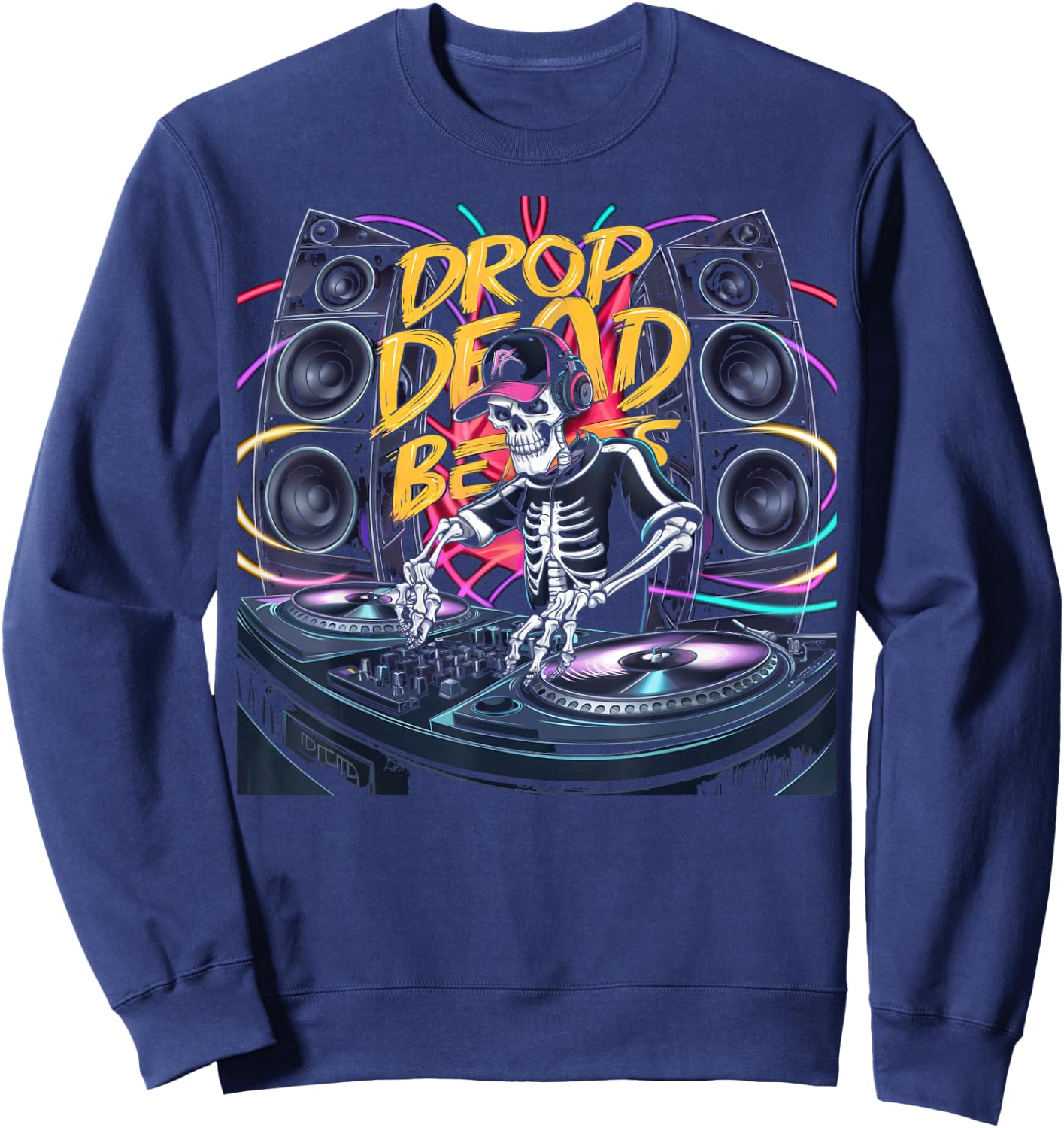 Drop Dead Beats Halloween Skeleton DJ Party Music Sweatshirt - Sweatshirt | Navy