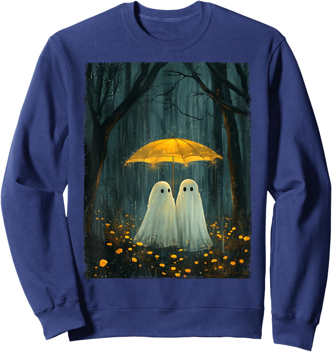 Floral Ghost Holds Umbrella Couple Spooky Season Women Men Sweatshirt - Sweatshirt | Navy
