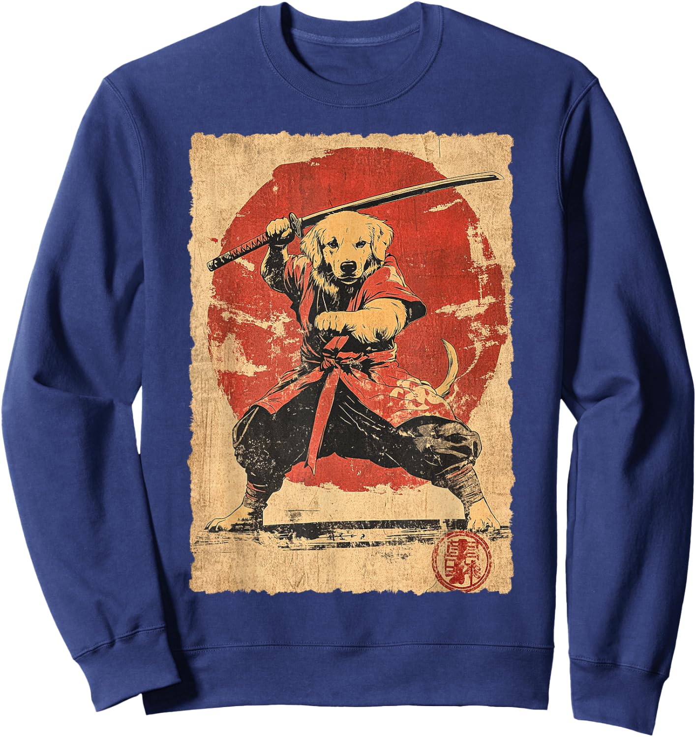 Vintage Japanese Art Golden Retriever Ninja Samurai Warrior Sweatshirt - Sweatshirt | Navy