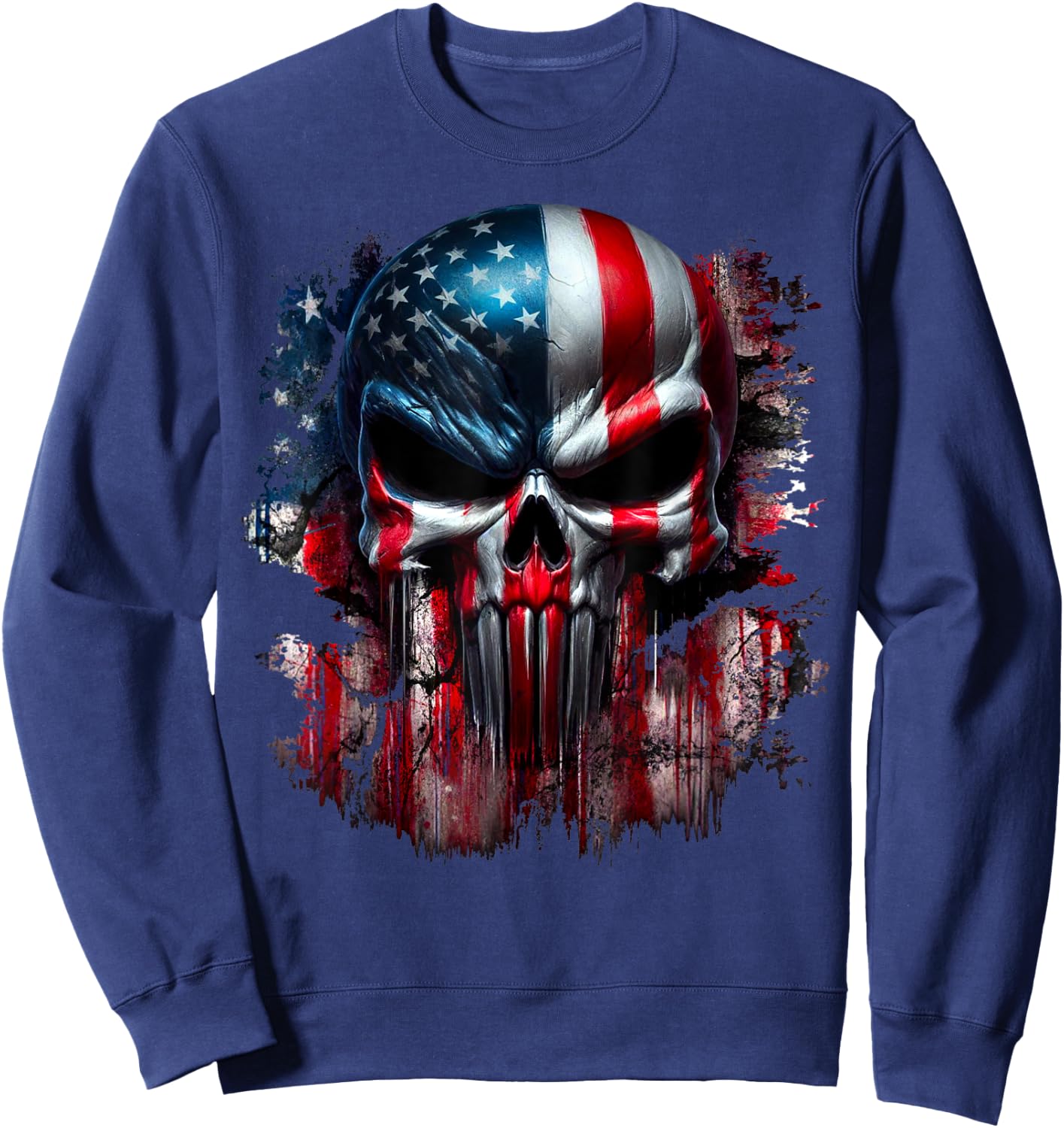 American Skull Patriotic Flag USA Grunge Reaper Graphic Women Men Sweatshirt - Sweatshirt | Navy