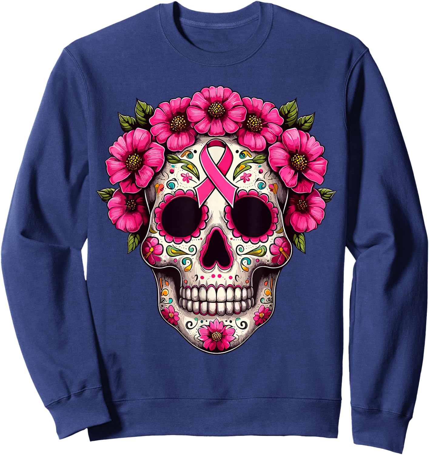 Sugar Skull Pink Ribbon Calavera Breast Cancer Awareness Sweatshirt - Sweatshirt | Navy