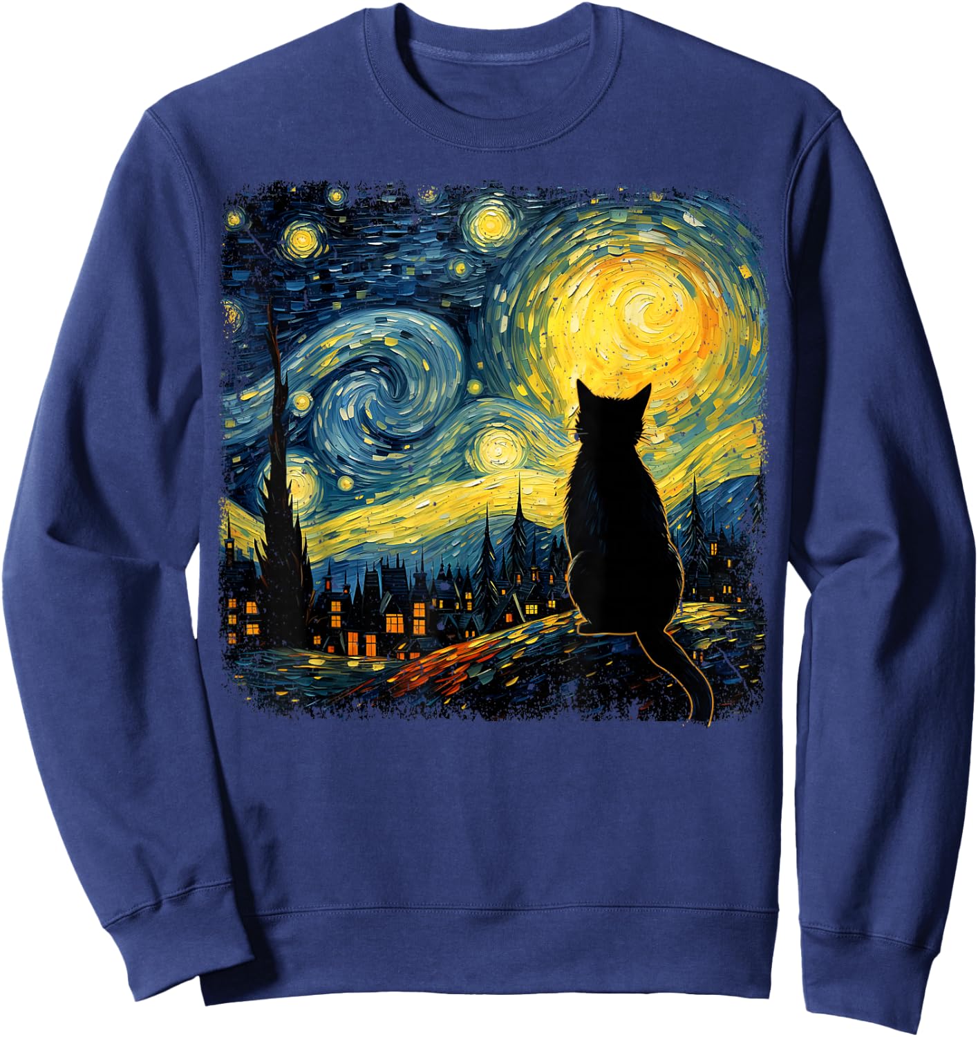 Cat Starry Night Van Gogh Cat For Cat Lover Cat Mom Cat Dad Sweatshirt - Sweatshirt | Navy