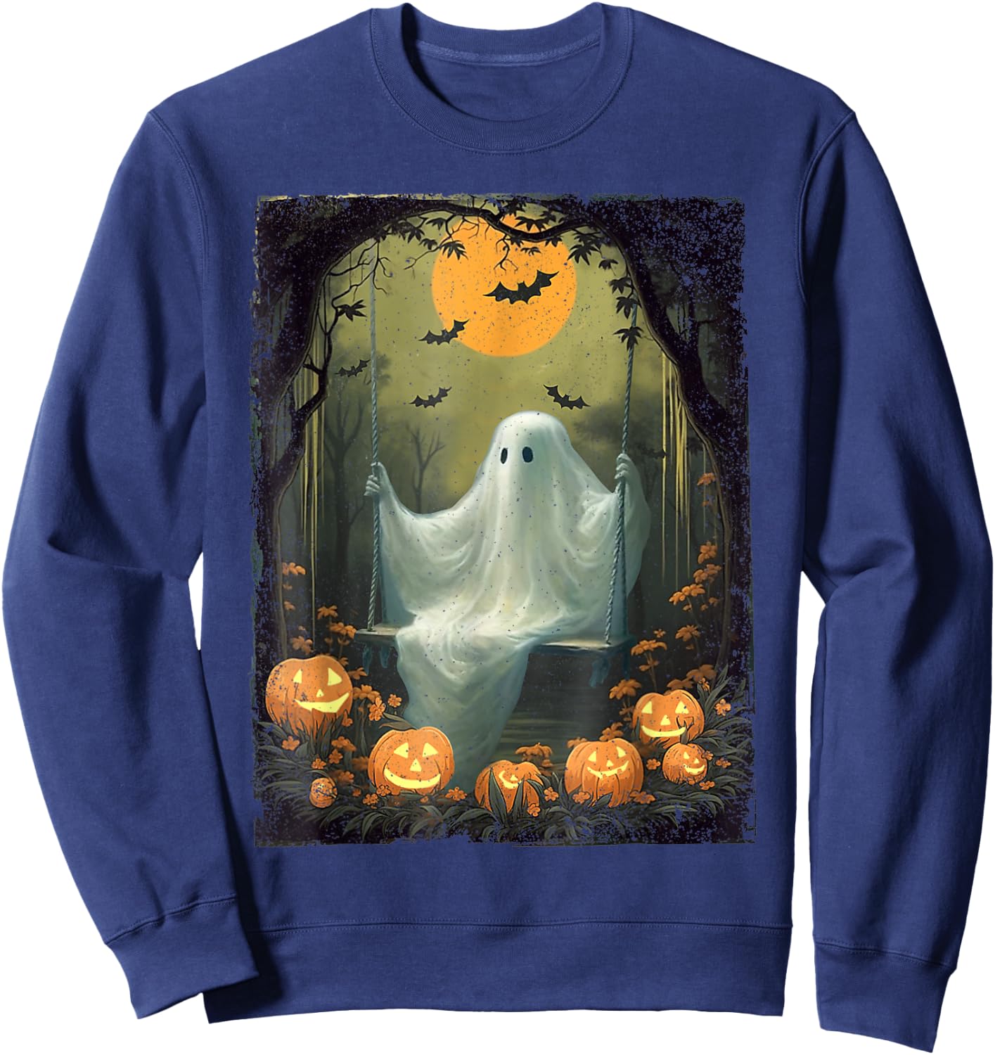 Vintage Floral Ghost On Swing In Forest Halloween Pumpkin Sweatshirt - Sweatshirt | Navy