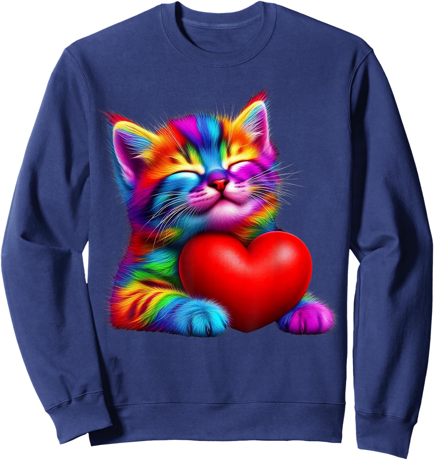 Rainbow Cute Cat Hugging Valentine Heart Kitty Love Cat Sweatshirt - Sweatshirt | Navy
