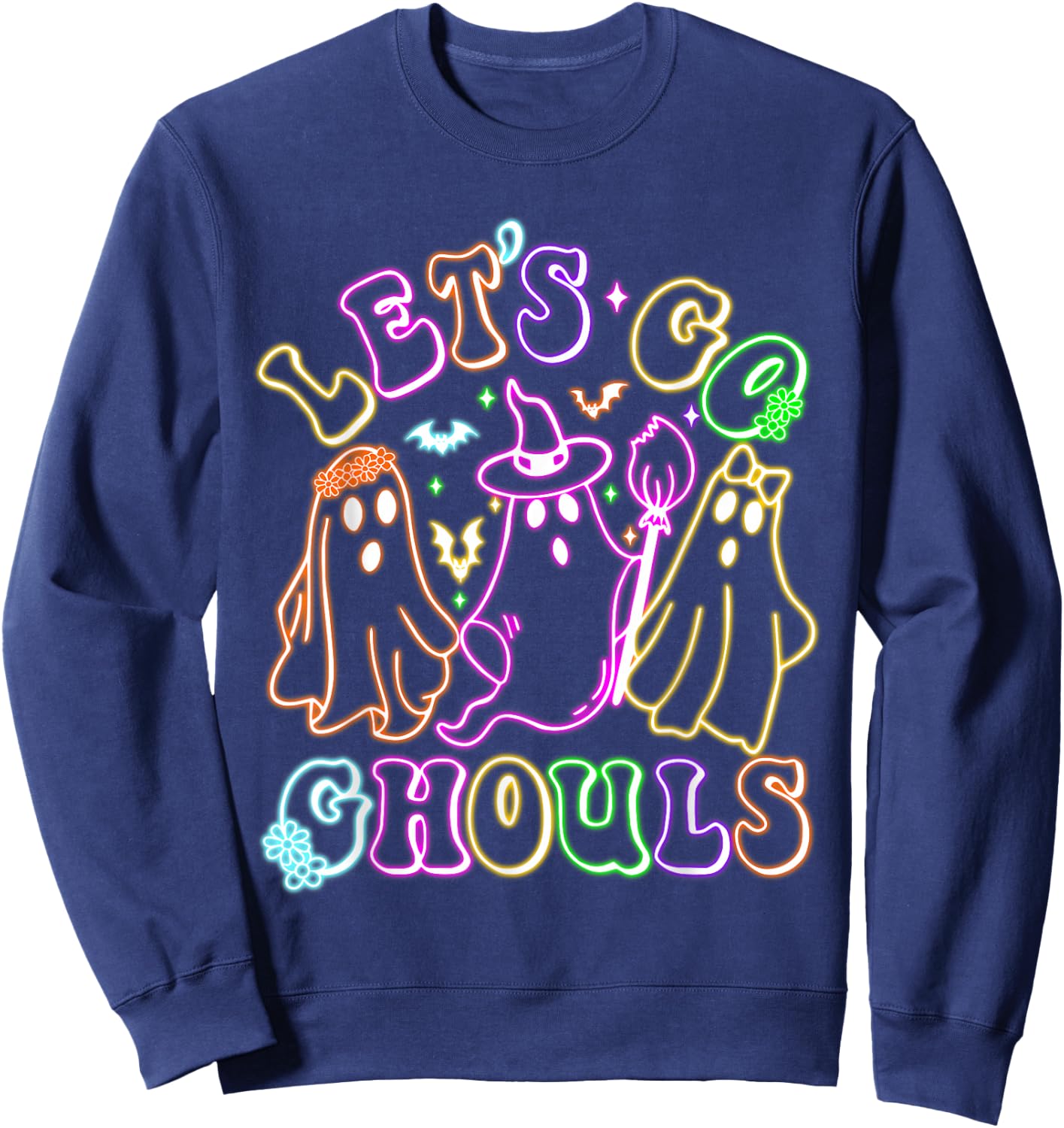 Retro Lets Go Ghouls Halloween Spooky Ghost Colorful Glowing Sweatshirt - Sweatshirt | Navy