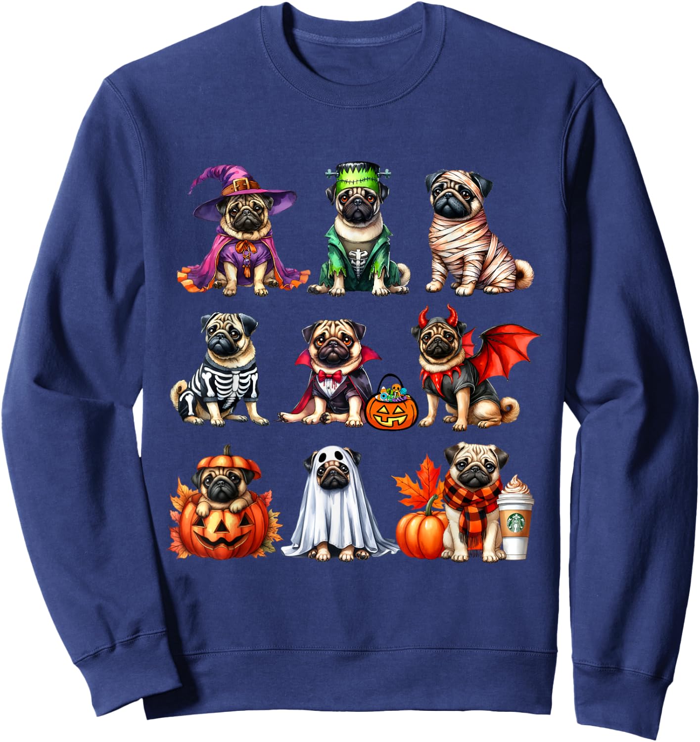Pug Halloween Costume Spooky Ghost Pumpkin Pug Halloween Sweatshirt - Sweatshirt | Navy