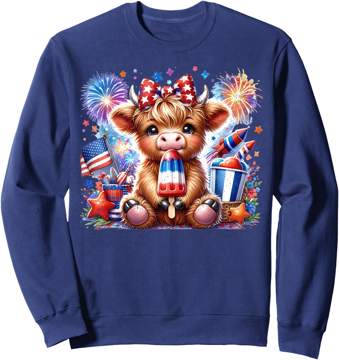 4th Of July Highland Cow Popsicle Firework USA American Sweatshirt - Sweatshirt | Navy