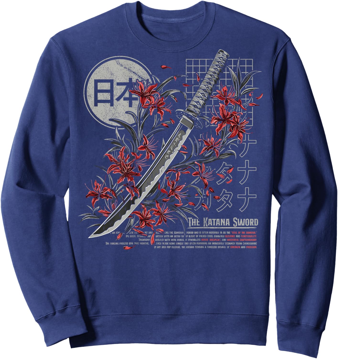 Red Spider Lily Flower Japanese Katana Sword Backprinted Sweatshirt - Sweatshirt | Navy