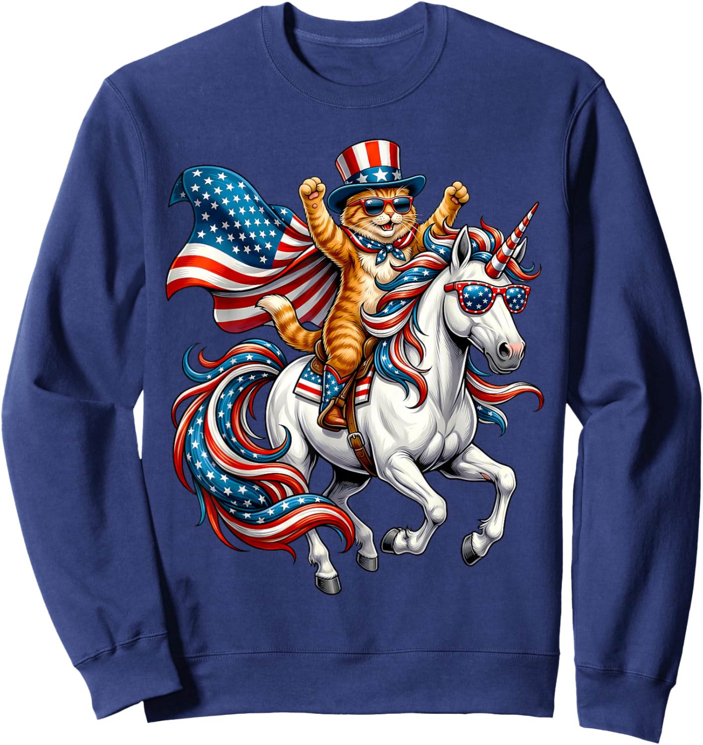 Funny Cat Unicorn America USA Flag Patriotic 4th of July Sweatshirt - Sweatshirt | Navy