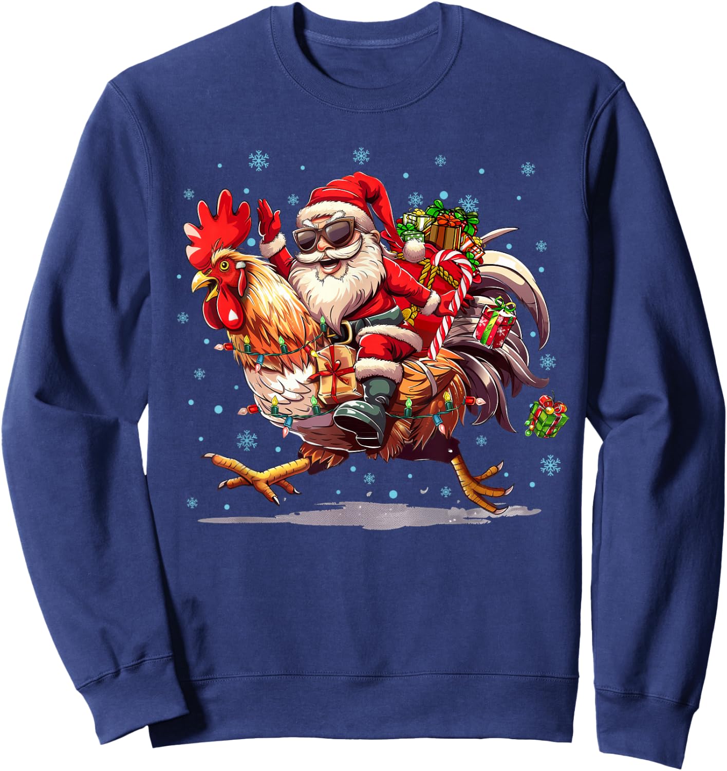 Ugly Christmas Santa Riding Chicken Christmas Tree Lights Sweatshirt - Sweatshirt | Navy