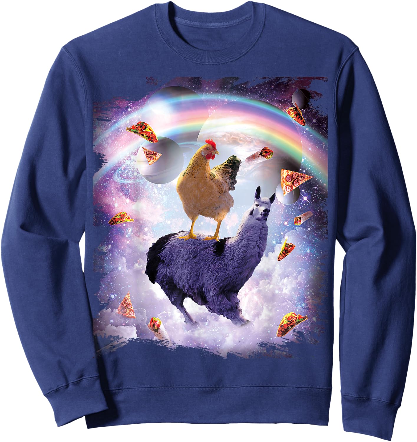 Chicken Riding Llama in Space - Rainbow Sweatshirt - Sweatshirt | Navy