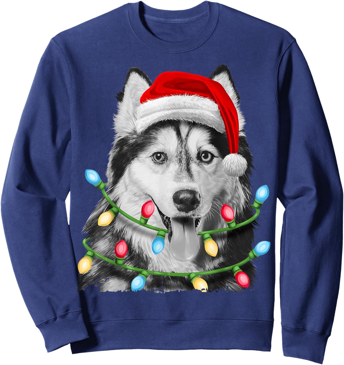 Siberian Husky Santa Christmas Tree Lights Xmas Boys Dog Sweatshirt - Sweatshirt | Navy