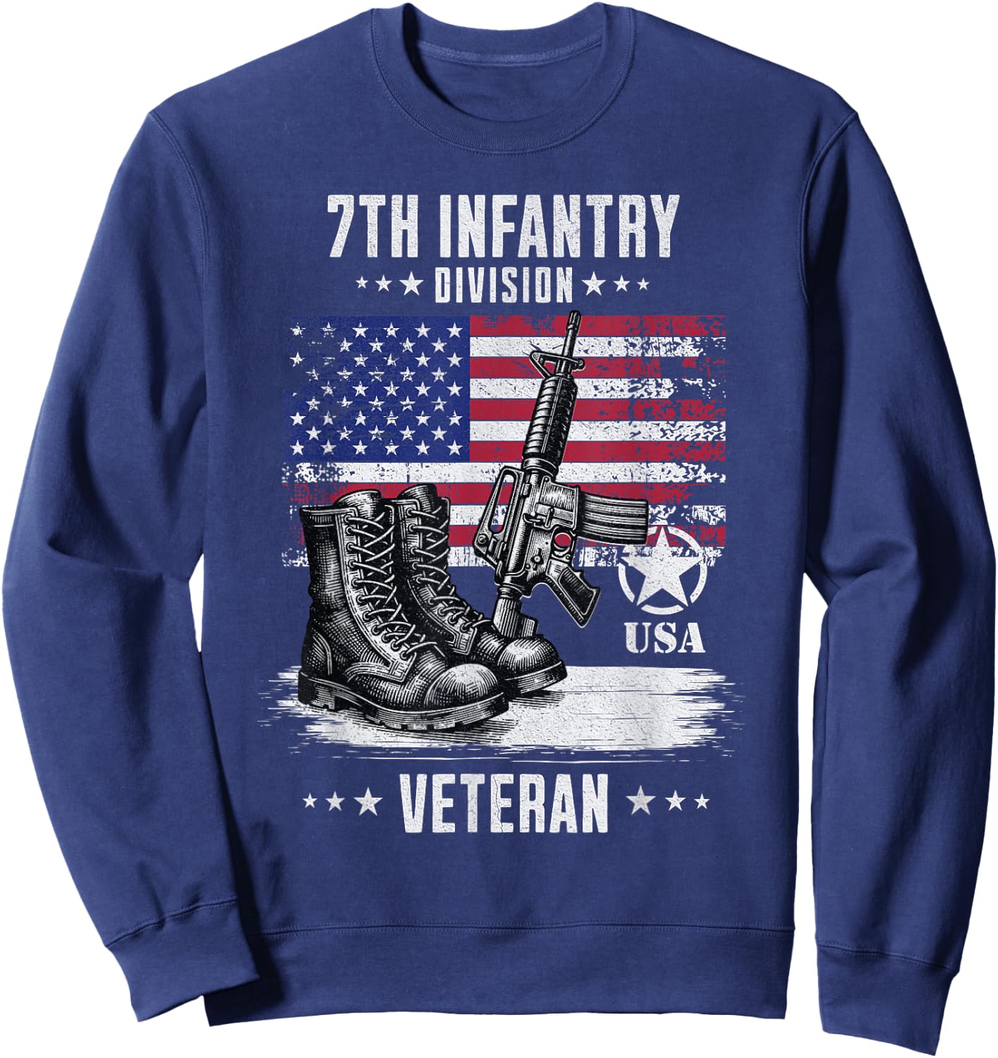 SoldierTees 7th Infantry Division Veteran Distressed -Adults - Black, Short Sleeve, Classic Fit, Military, Solid Color, Small Sweatshirt - Sweatshirt | Navy