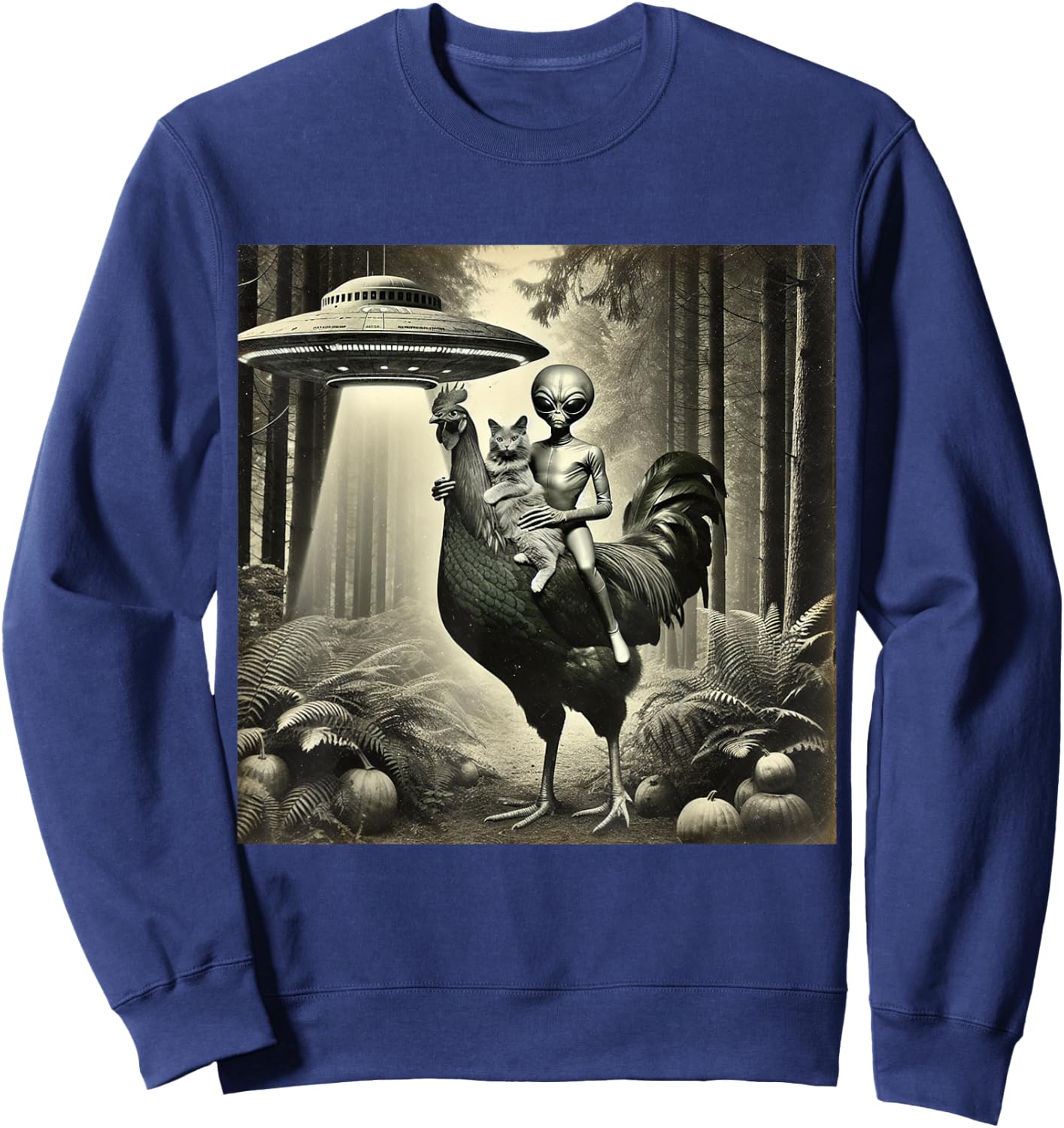 Funny UFO Alien and Cat Lovers Cat With Alien Riding Chicken -Adults, -Kids Black Short Sleeve Sweatshirt - Sweatshirt | Navy