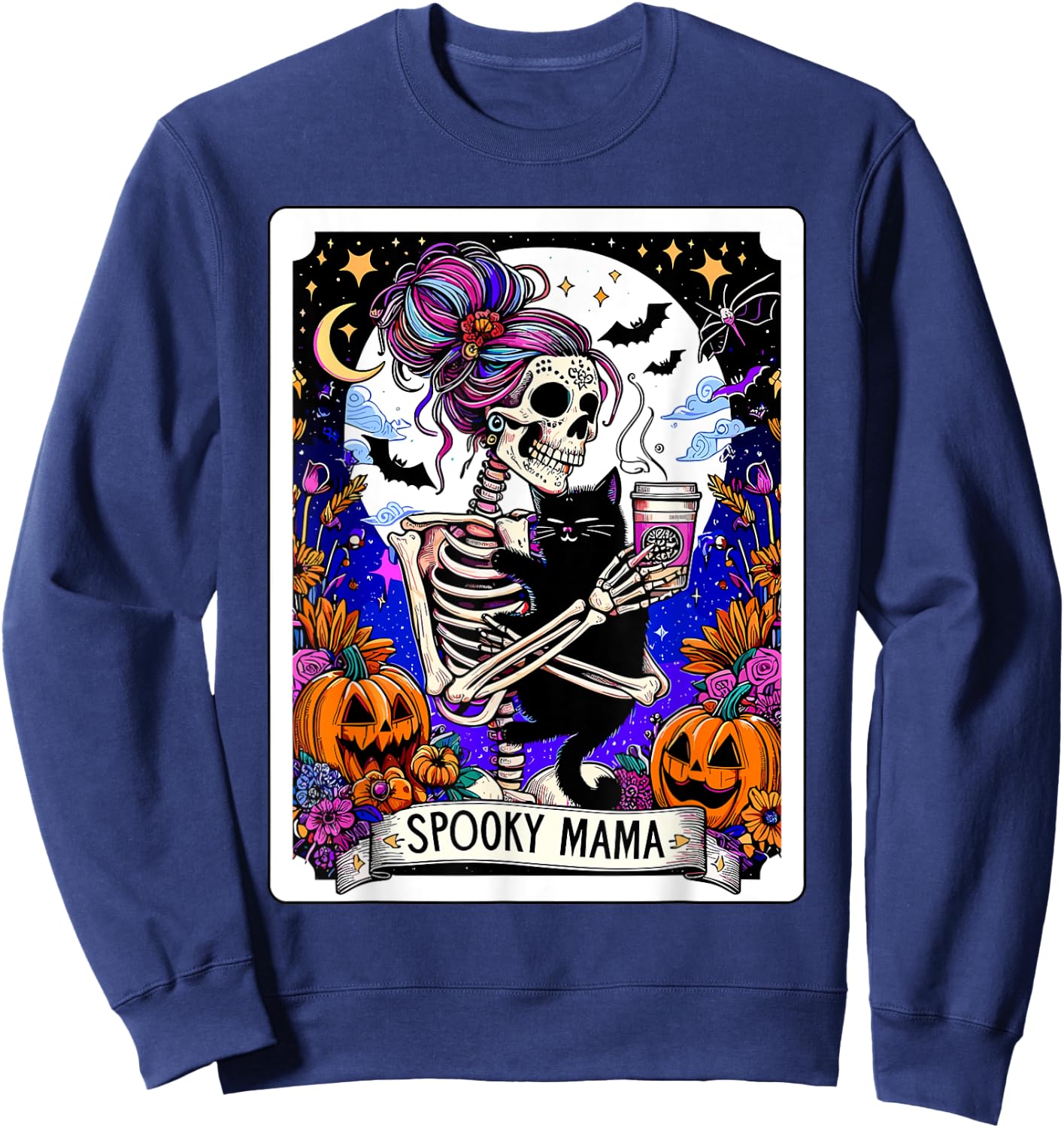 Spooky Mama Tarot Card Halloween Mom Skull Mama Black Cat Women Kids Sweatshirt - Sweatshirt | Navy