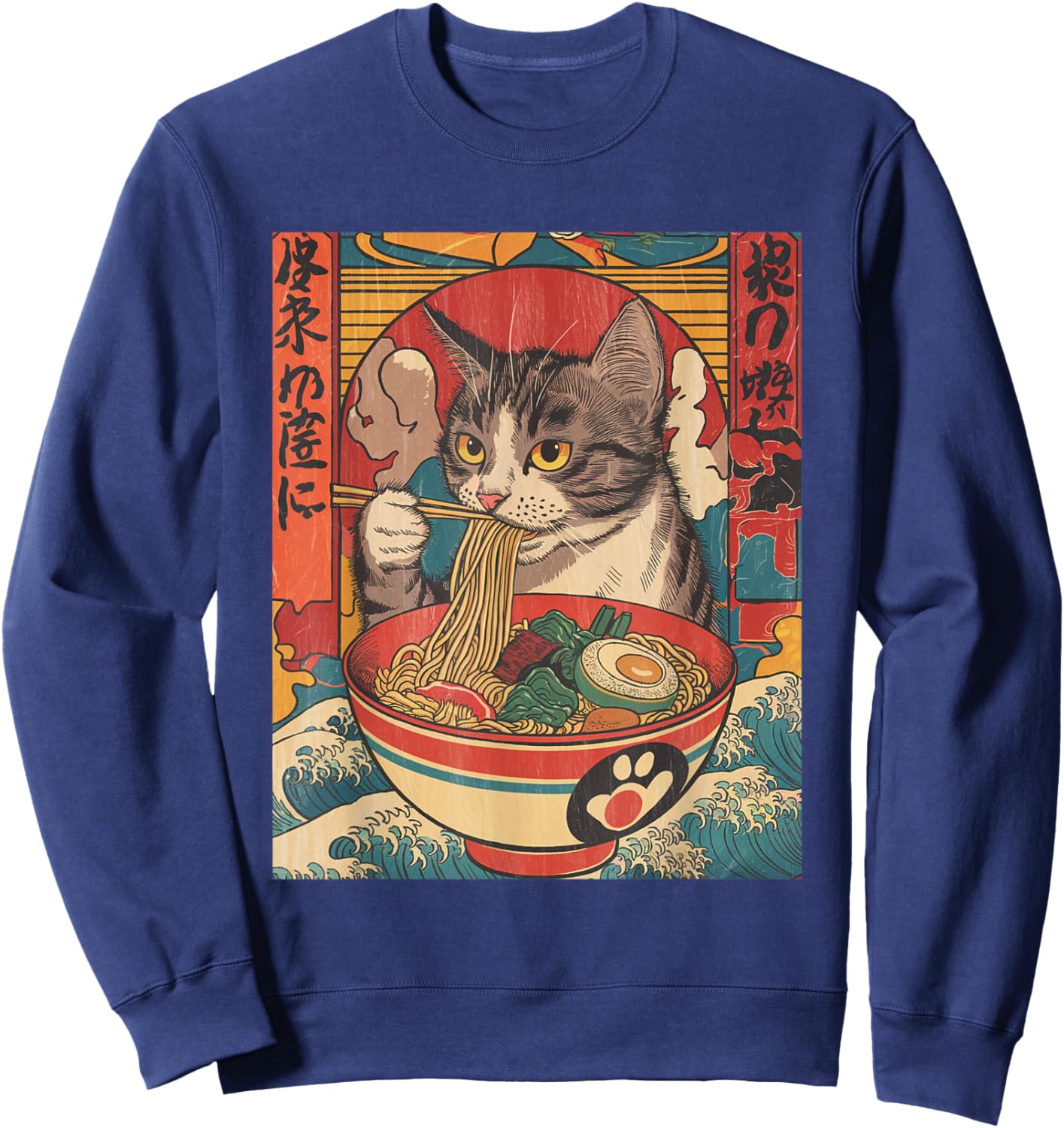 Cat Eating Ramen Noodles Kawaii Anime Cat Japanese Food Sweatshirt - Sweatshirt | Navy