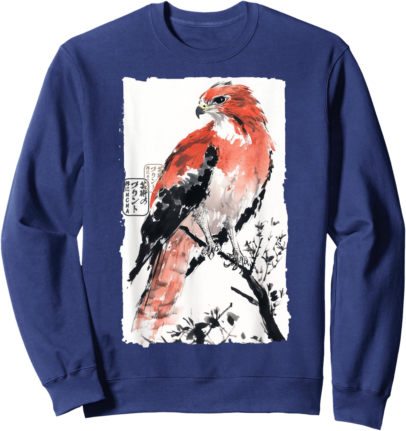 Japanese Falcon Ink Art Traditional Watercolor Sumi-E Style Sweatshirt - Sweatshirt | Navy