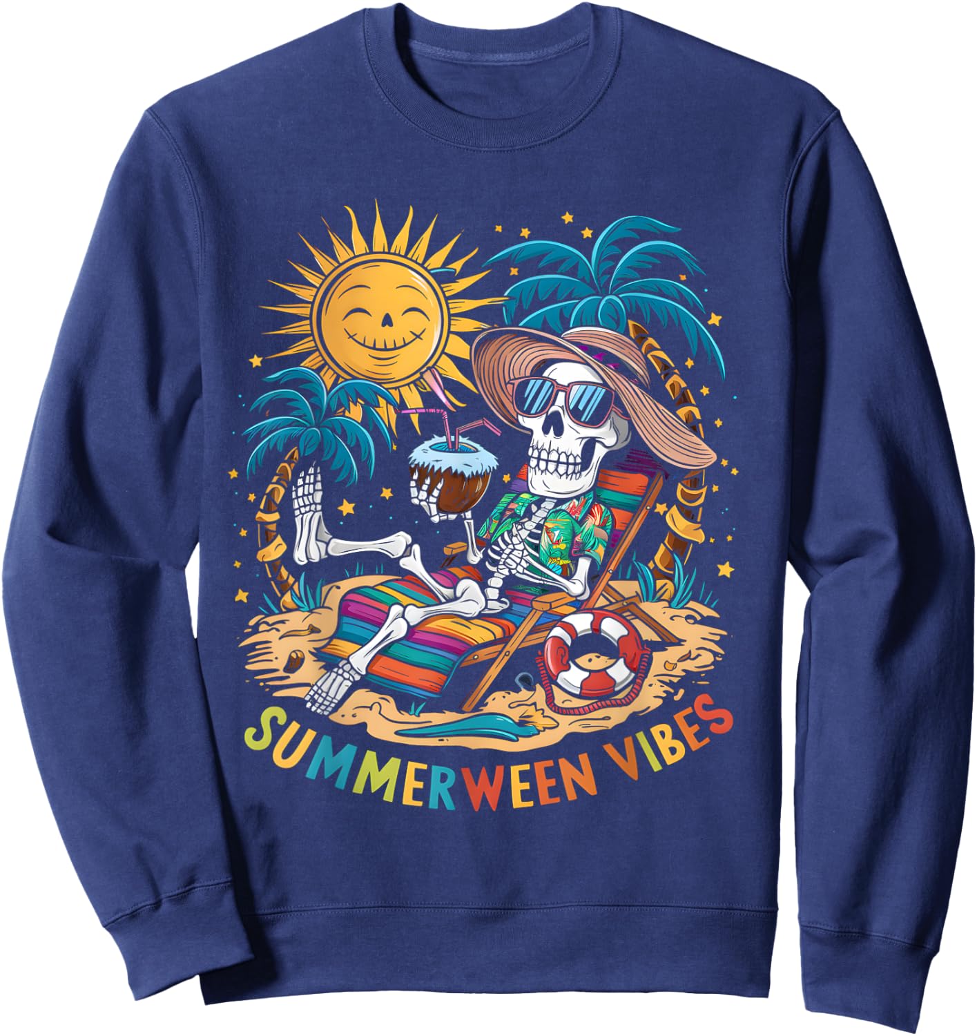 Funny Summerween Vibes Skeleton Summer Vacation Beach Men Women Sweatshirt - Sweatshirt | Navy