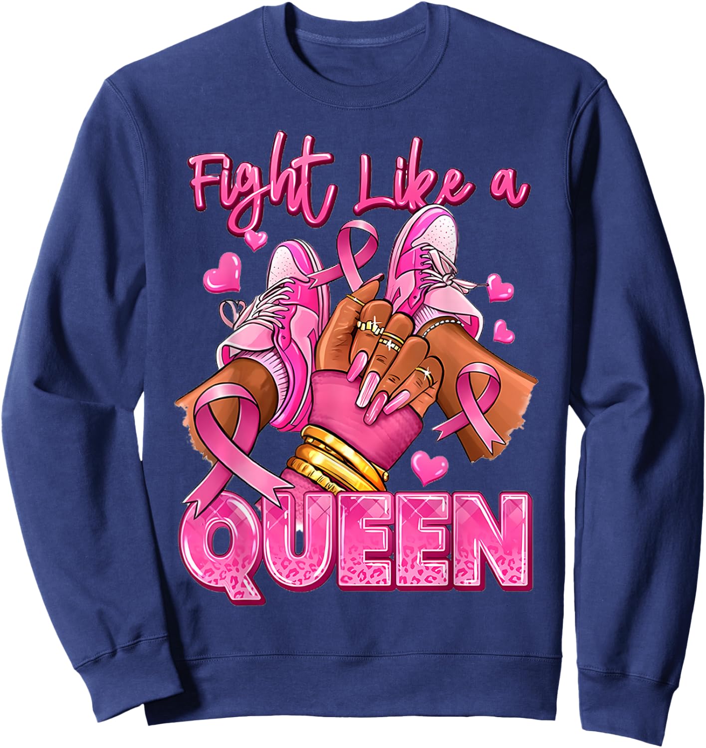 Fight Like A Queen Afro Girl Sneakers Breast Cancer Warrior Sweatshirt - Sweatshirt | Navy