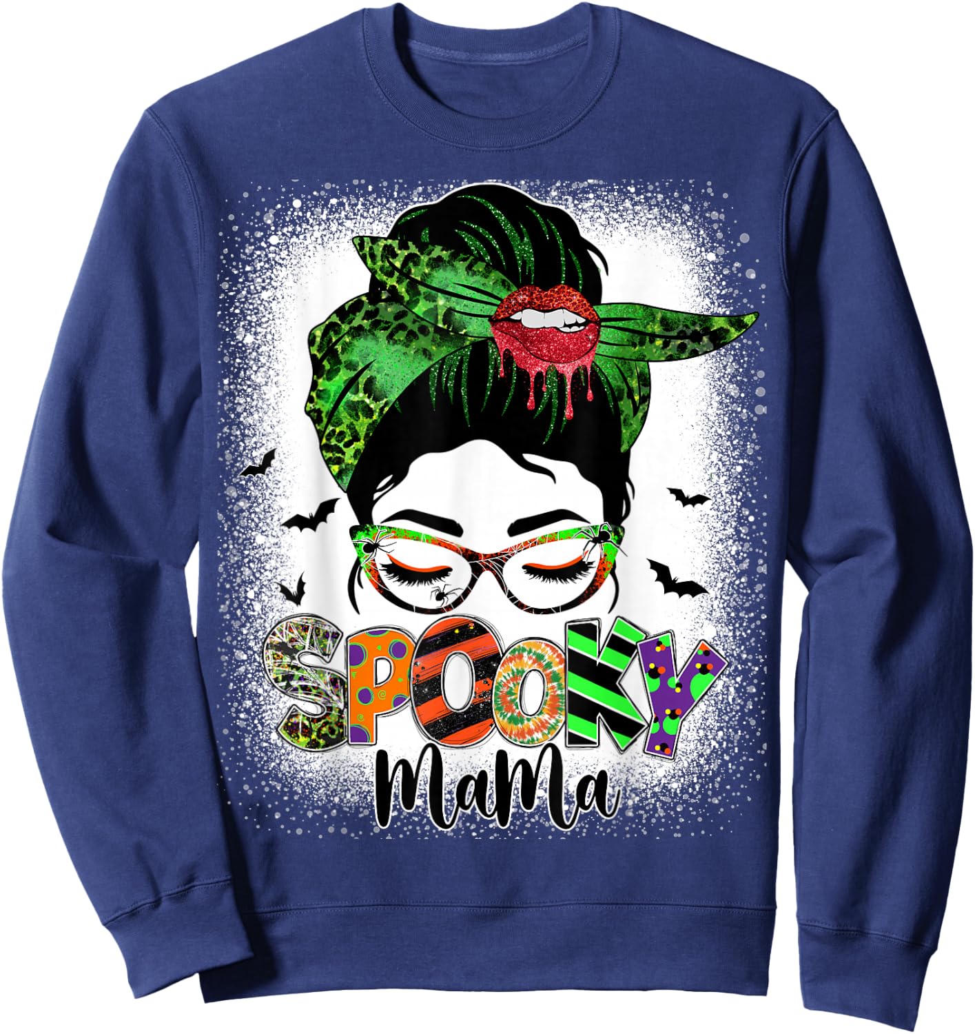 Spooky Mama Messy Bun Skull Mom Monster Bleached Halloween Sweatshirt - Sweatshirt | Navy