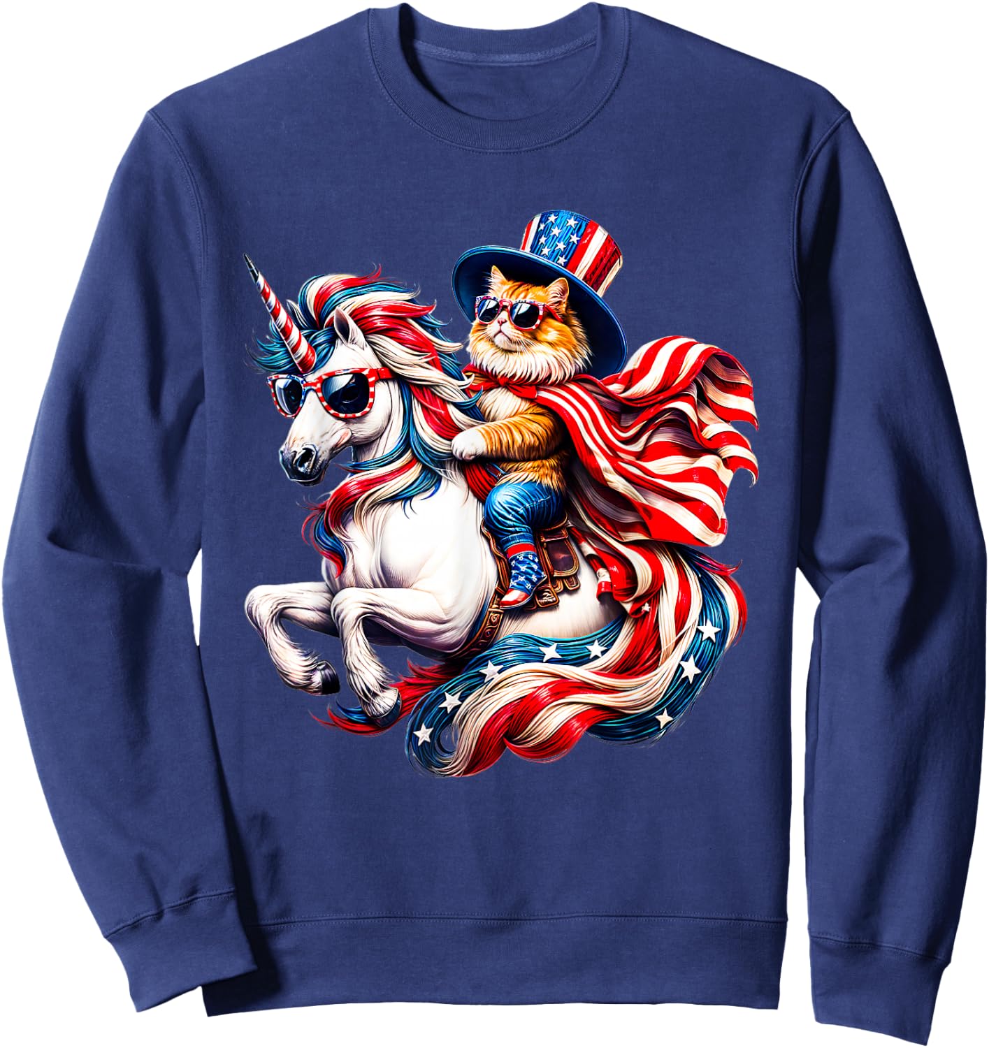 Cat Riding Unicorn USA Flag Patriotic 4th of July Sweatshirt - Sweatshirt | Navy