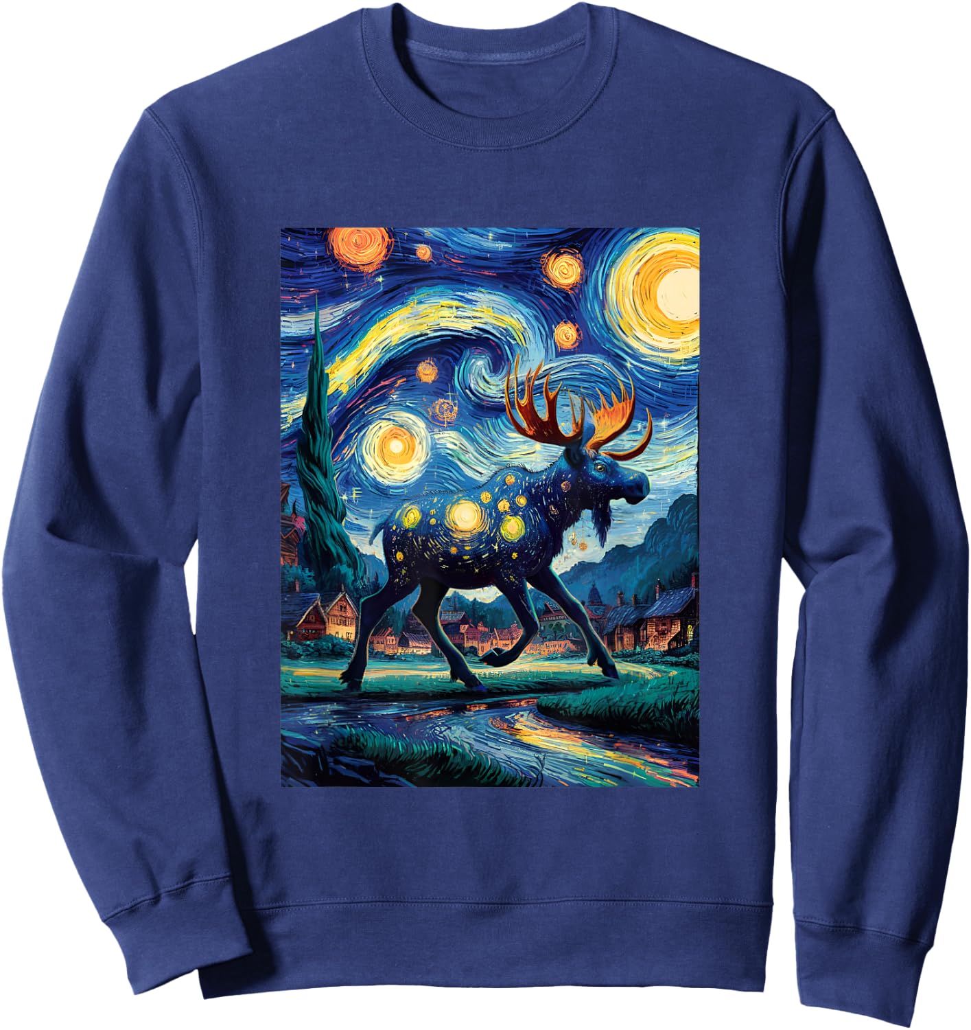 Artistic Moose Van Gogh Style Starry Night The Moose Lovers Sweatshirt - Sweatshirt | Navy