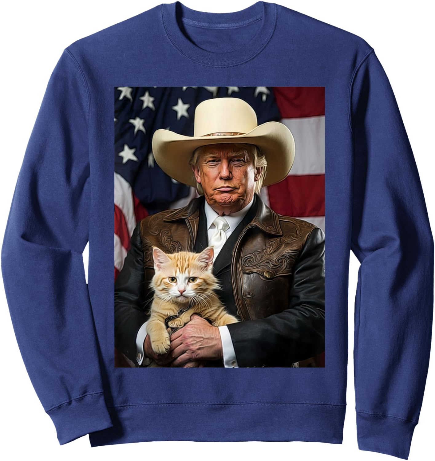 Donald Trump Cat Shirt Cowboy American Flag Funny Trump 2024 Sweatshirt - Sweatshirt | Navy