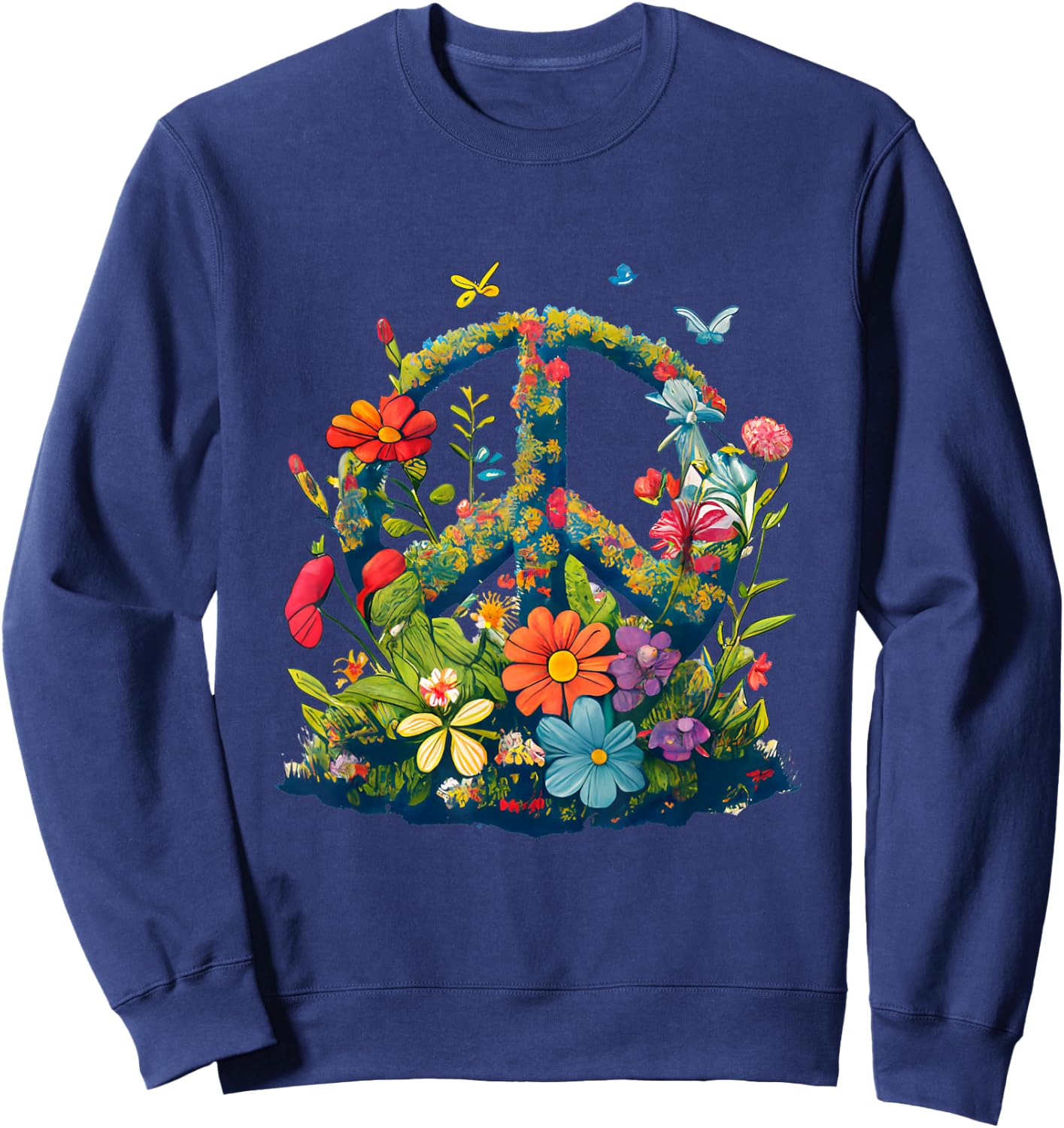 Peace Sign with Flowers and Butterflies, Peace Sweatshirt - Sweatshirt | Navy
