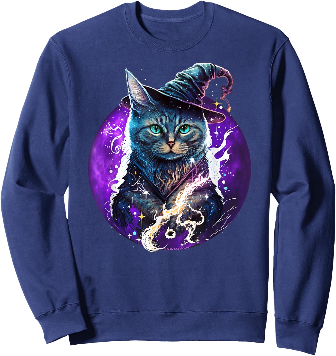 Beautiful Wiccan Cat with a Witch Hat Purple Moon Witchy Cat Sweatshirt - Sweatshirt | Navy