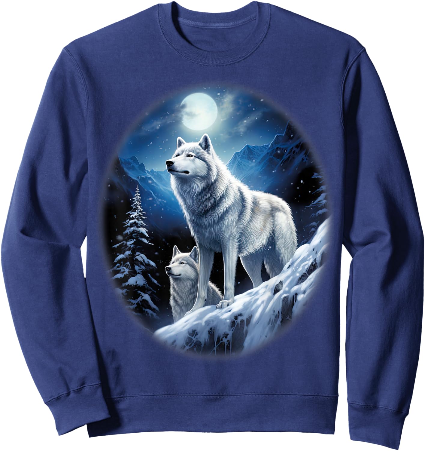 Wolves on an icy hill in the mountains with shiny moon Sweatshirt - Sweatshirt | Navy