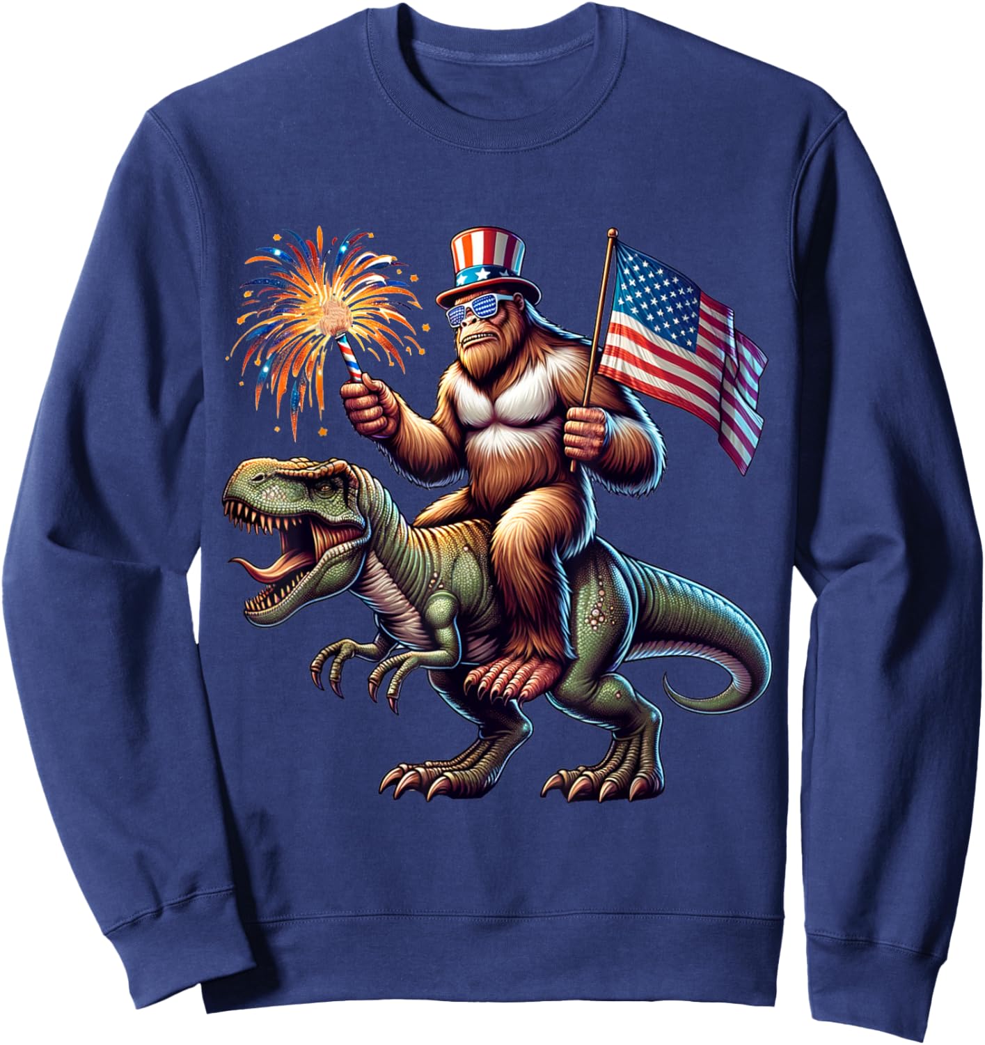 Bigfoot Sasquatch Riding Dinosaur T rex. Funny 4th of July Sweatshirt - Sweatshirt | Navy