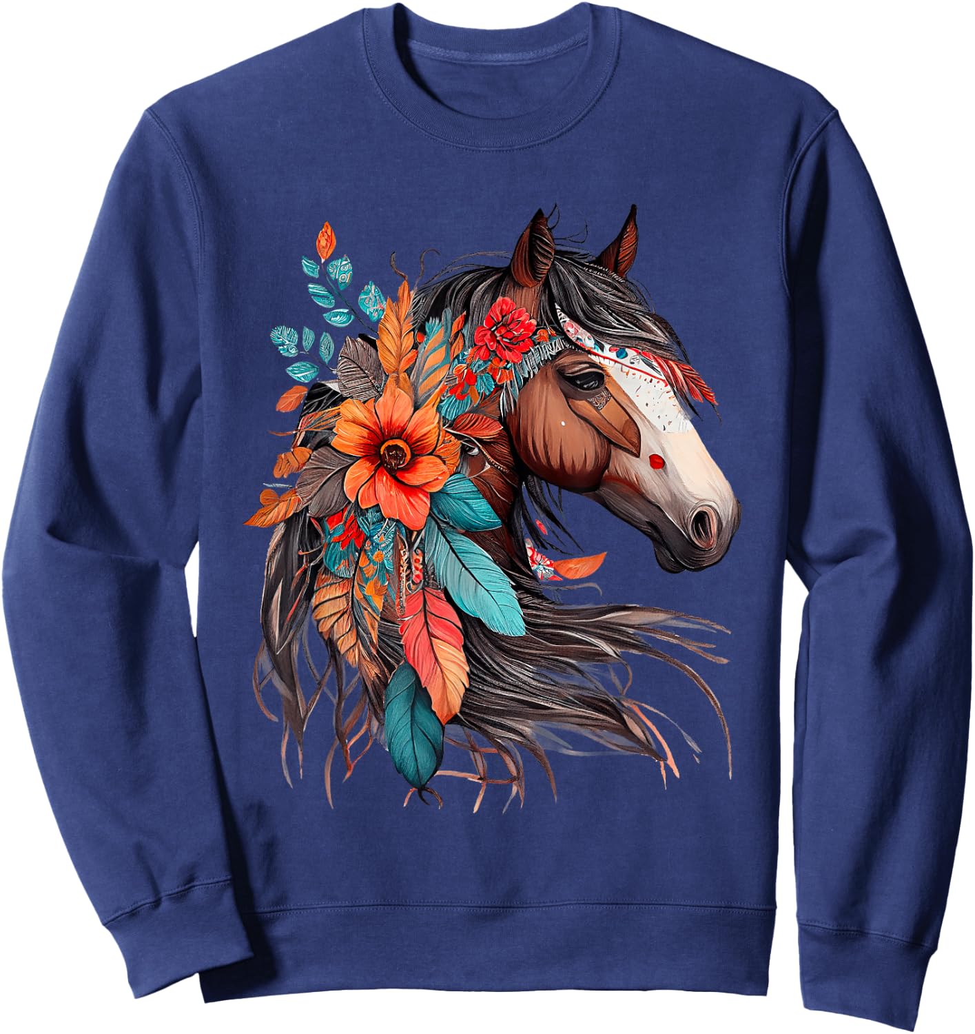 Floral Wild Horse Country Horse Riding , Small, Black Sweatshirt - Sweatshirt | Navy