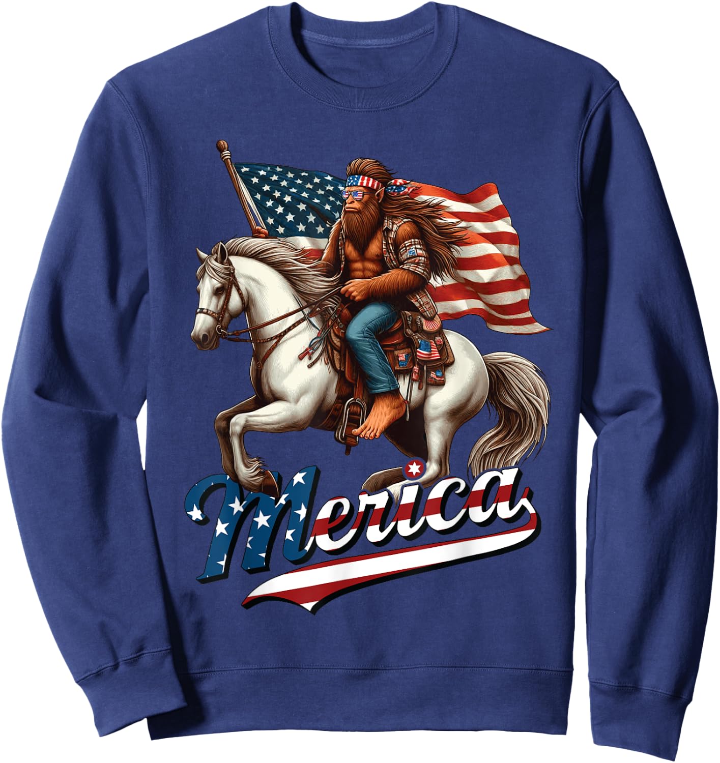 Funny Bigfoot Merica USA Mullet Bandana Horse Riding Sweatshirt - Sweatshirt | Navy